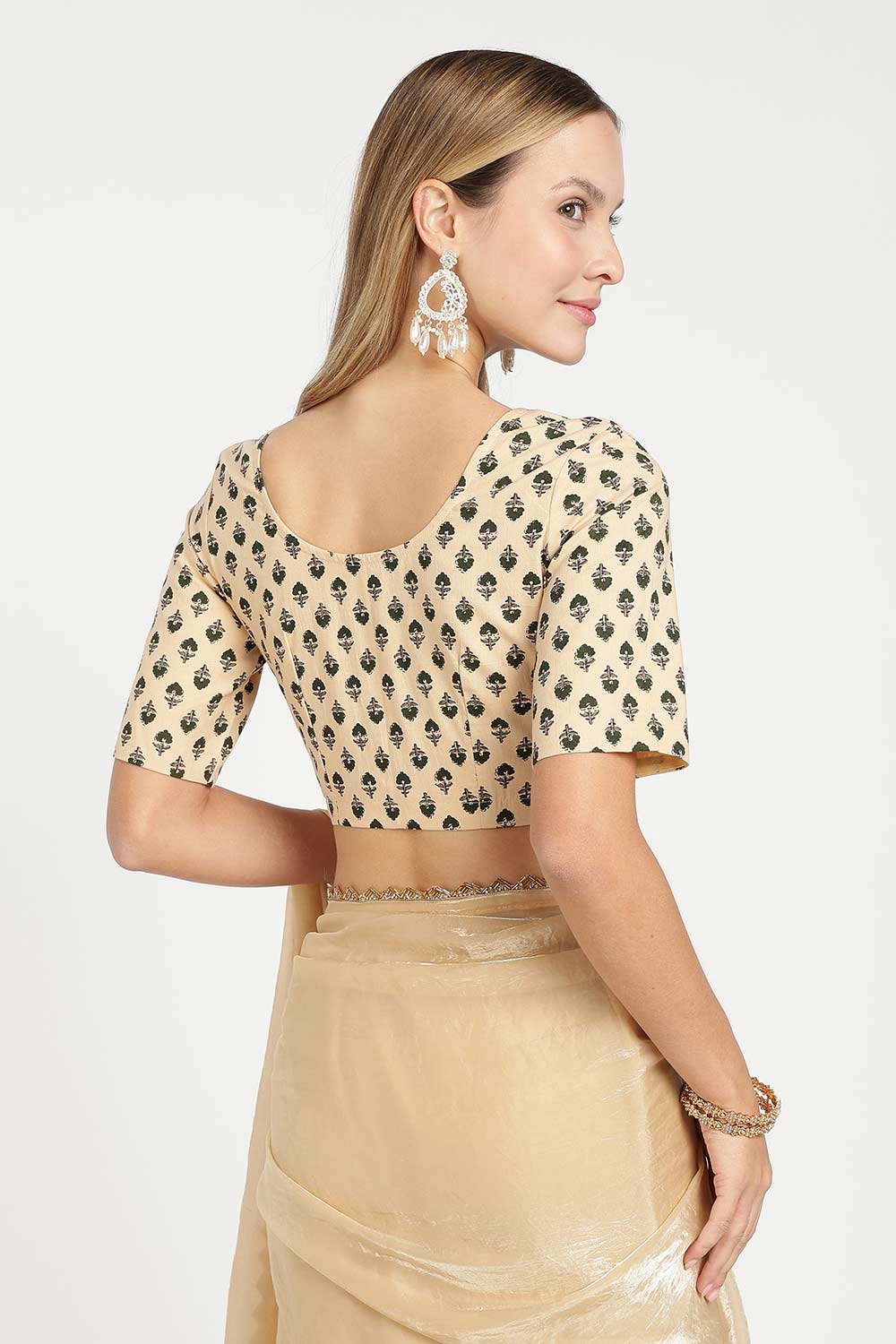 Naidu Hall Women’s Cotton Saree Blouse – Floral Butta U Neck Front Open Designer Blouse with Elbow Sleeves | Traditional Woven Blouse for Women - P8BU17