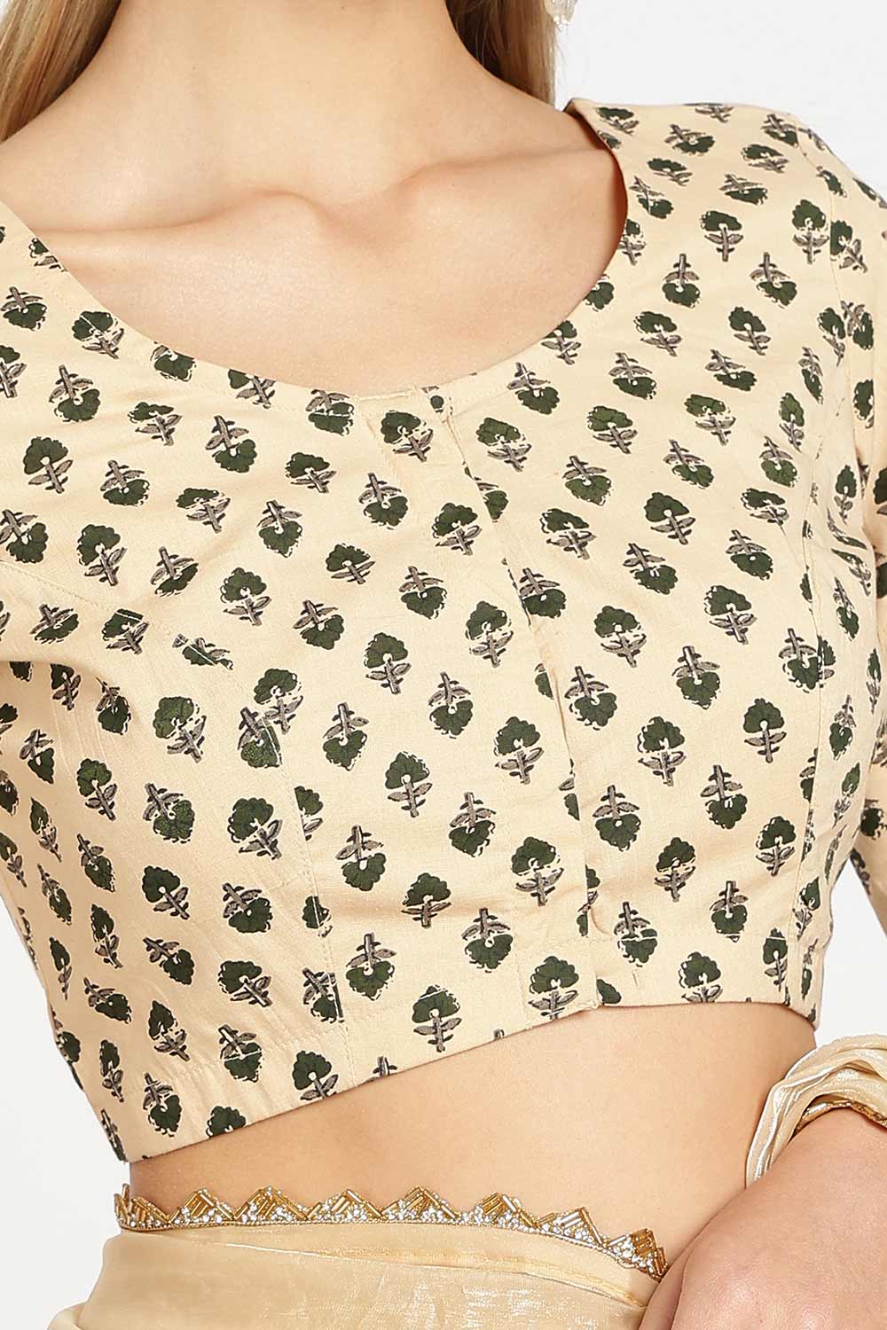 Naidu Hall Women’s Cotton Saree Blouse – Floral Butta U Neck Front Open Designer Blouse with Elbow Sleeves | Traditional Woven Blouse for Women - P8BU17