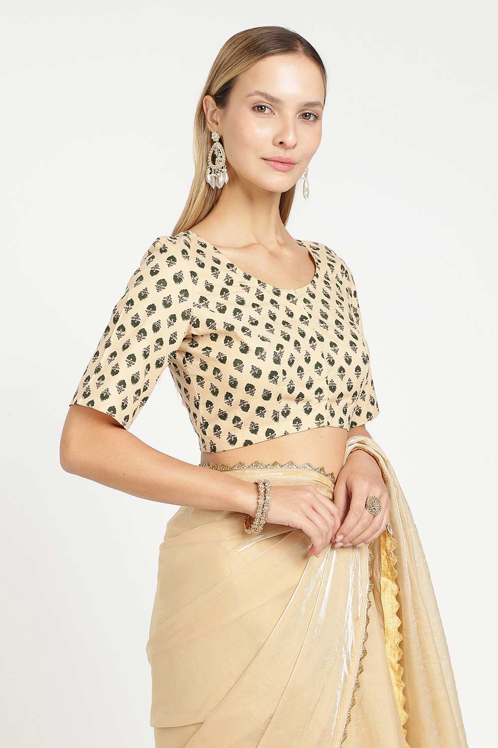 Naidu Hall Women’s Cotton Saree Blouse – Floral Butta U Neck Front Open Designer Blouse with Elbow Sleeves | Traditional Woven Blouse for Women - P8BU17