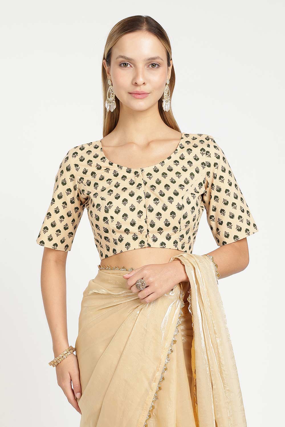 Naidu Hall Women’s Cotton Saree Blouse – Floral Butta U Neck Front Open Designer Blouse with Elbow Sleeves | Traditional Woven Blouse for Women - P8BU17