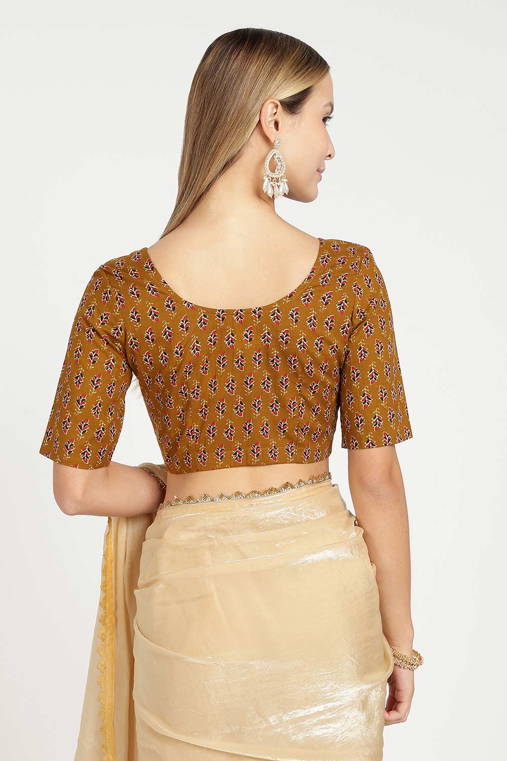 Naidu Hall Women’s Cotton Saree Blouse – Leaf Butta U Neck Front Open Designer Blouse with Elbow Sleeves | Traditional Woven Blouse for Women - P9BU17