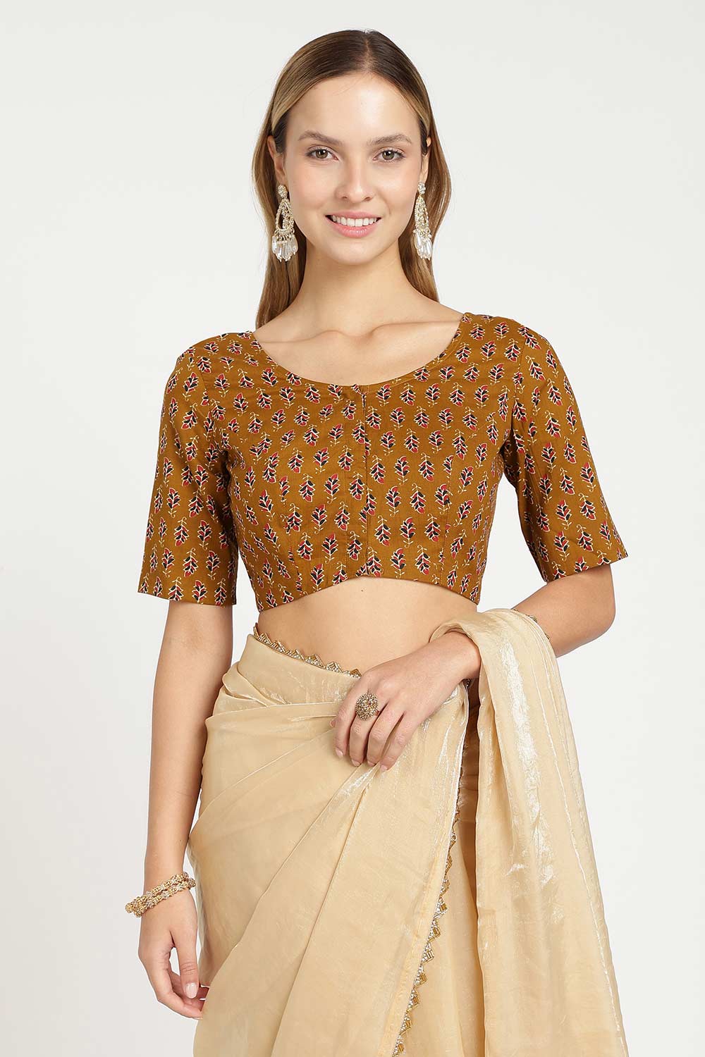 Naidu Hall Women’s Cotton Saree Blouse – Leaf Butta U Neck Front Open Designer Blouse with Elbow Sleeves | Traditional Woven Blouse for Women - P9BU17