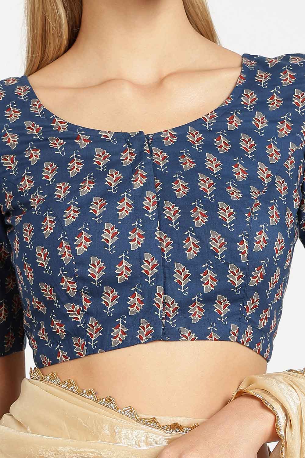 Naidu Hall Women’s Cotton Saree Blouse – Leaf Butta U Neck Front Open Designer Blouse with Elbow Sleeves | Traditional Woven Blouse for Women - P9BU17