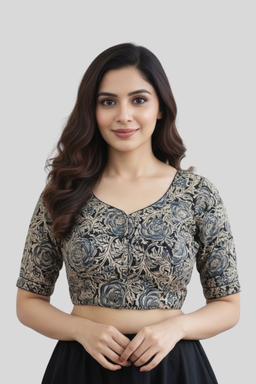 Naidu Hall Women’s Kalamkari Cotton Boat Neck Blouse with Elbow Sleeves and Front Hook Closure - Indigo - BU18