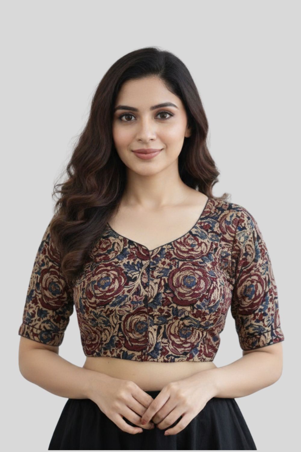 Naidu Hall Women’s Kalamkari Cotton Boat Neck Blouse with Elbow Sleeves and Front Hook Closure - Red - BU18