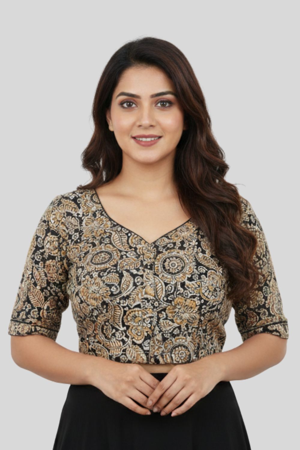 Naidu Hall Women’s Kalamkari Cotton Boat Neck Blouse with Elbow Sleeves and Front Hook Closure - Yellow - BU18