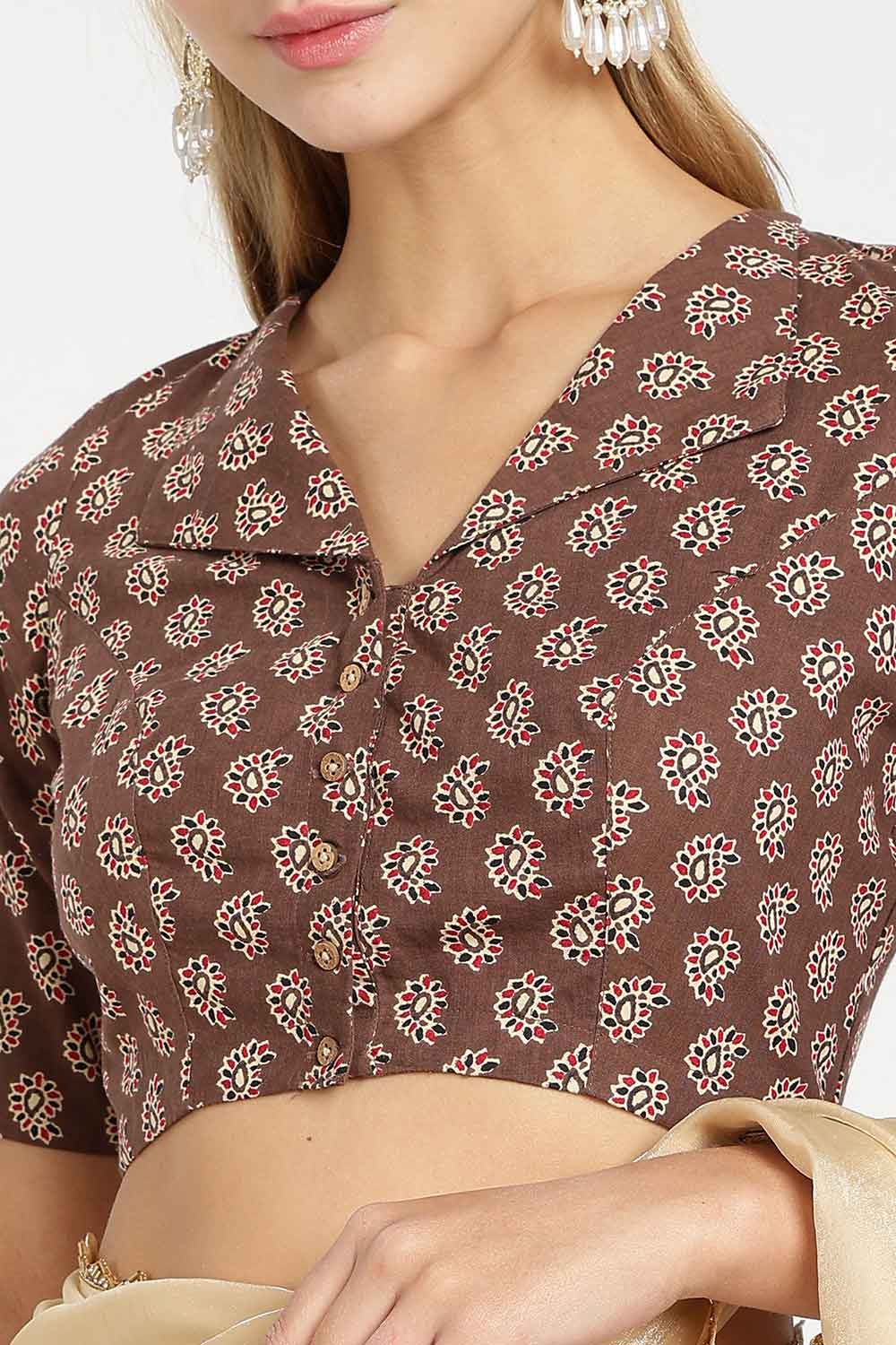 Naidu Hall Women’s Jaipur Cotton Paisley Printed Saree Blouse – Lapel Collar Front Open Designer Blouse with 3/4 Sleeves - BU21