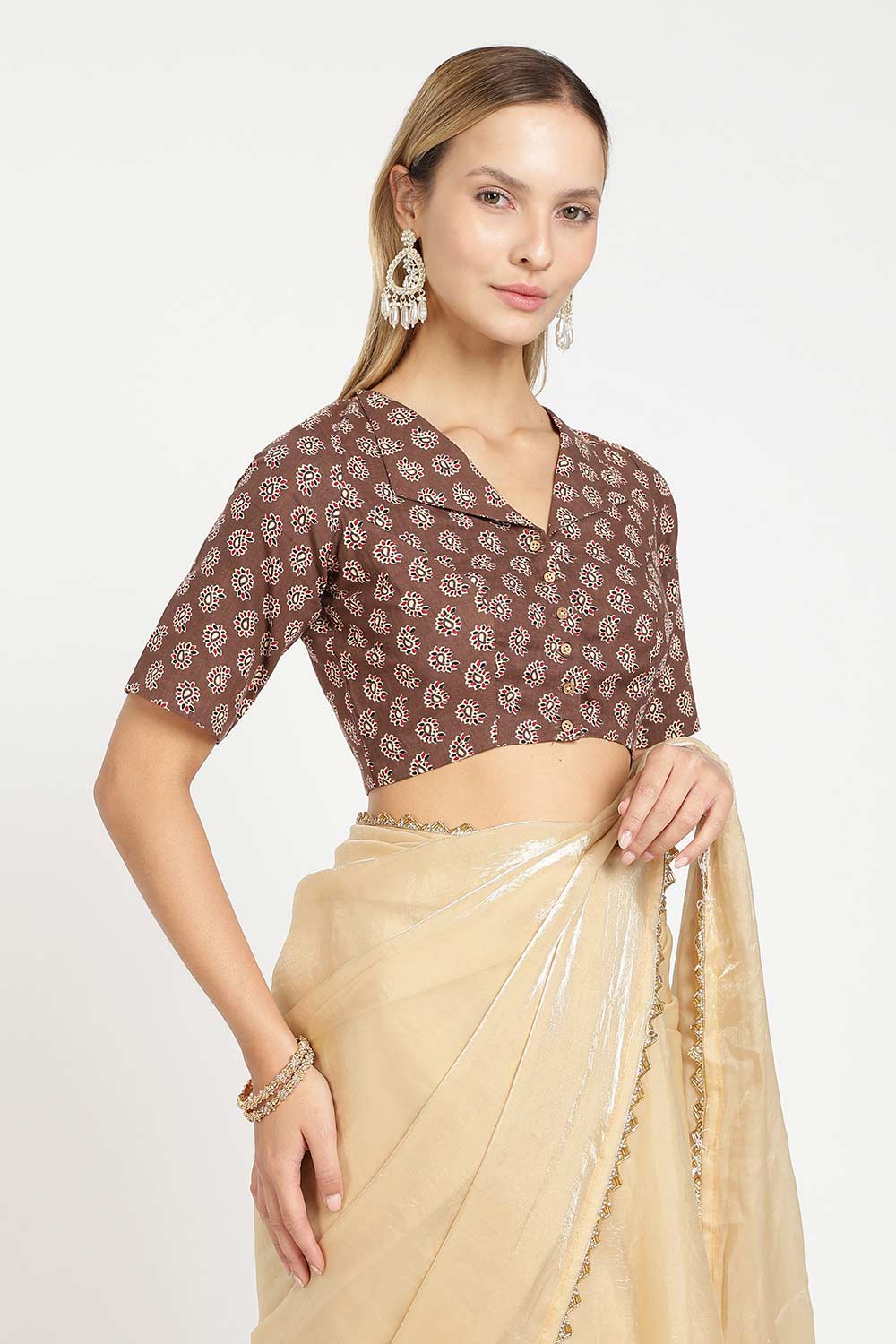 Naidu Hall Women’s Jaipur Cotton Paisley Printed Saree Blouse – Lapel Collar Front Open Designer Blouse with 3/4 Sleeves - BU21
