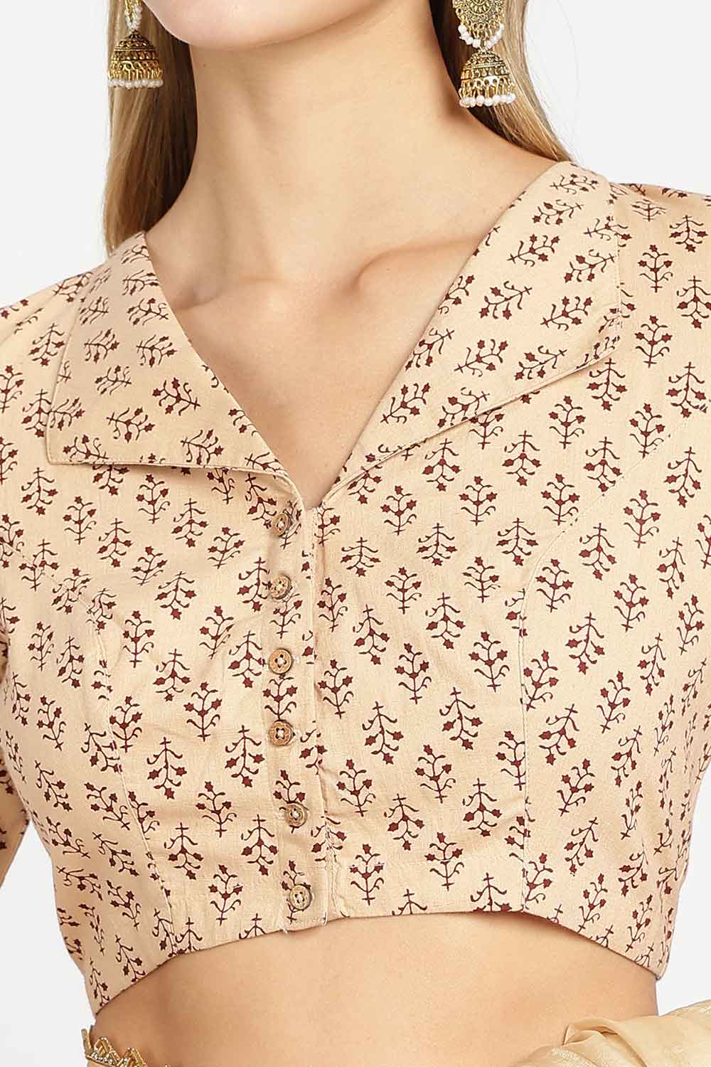 Naidu Hall Women’s Jaipur Cotton Paisley Printed Saree Blouse – Lapel Collar Front Open Designer Blouse with 3/4 Sleeves - BU21