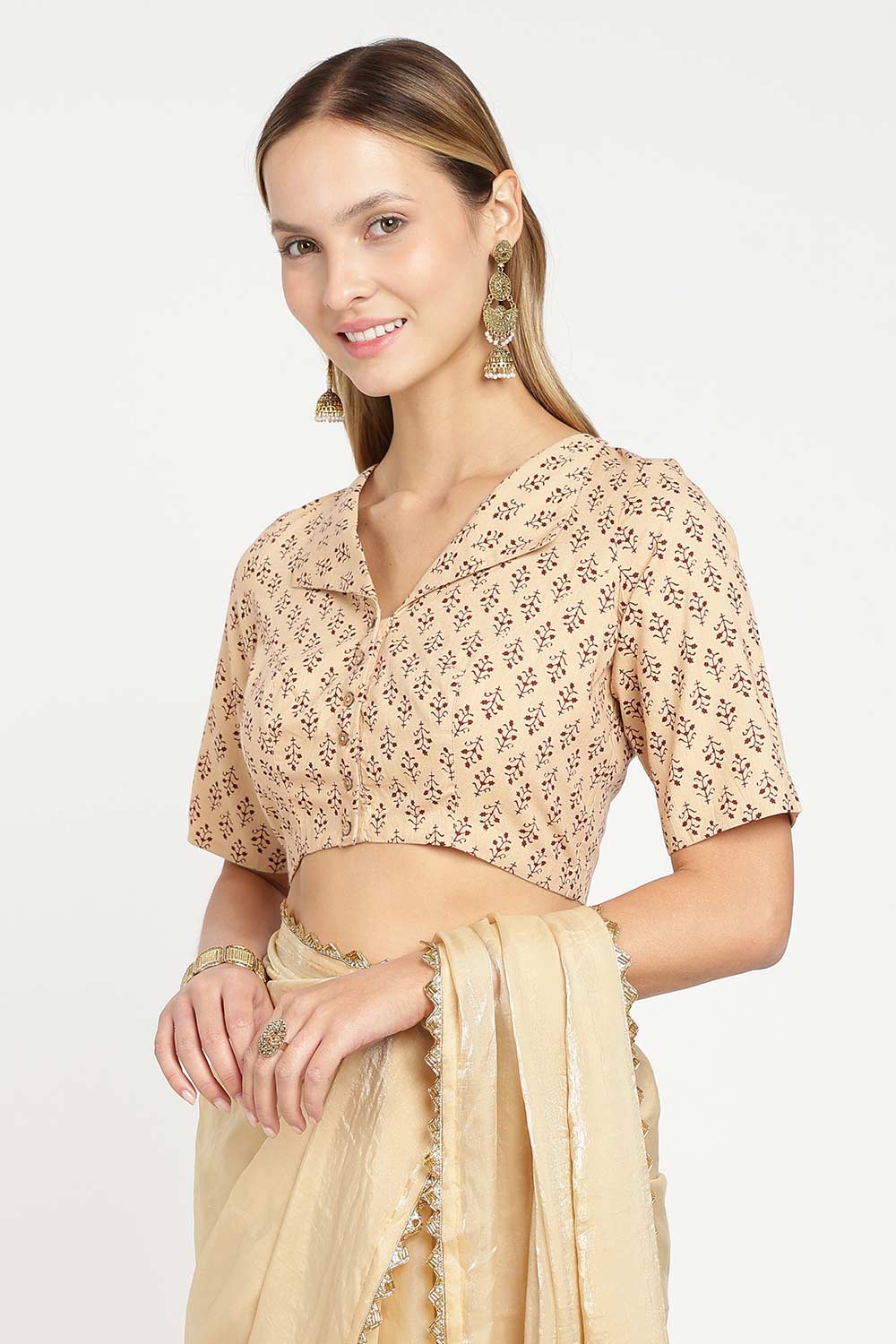 Naidu Hall Women’s Jaipur Cotton Paisley Printed Saree Blouse – Lapel Collar Front Open Designer Blouse with 3/4 Sleeves - BU21