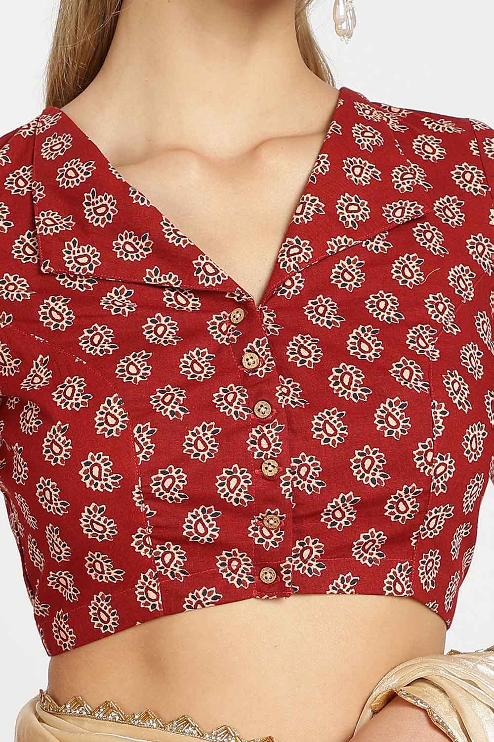 Naidu Hall Women’s Jaipur Cotton Paisley Printed Saree Blouse – Lapel Collar Front Open Designer Blouse with 3/4 Sleeves - BU21