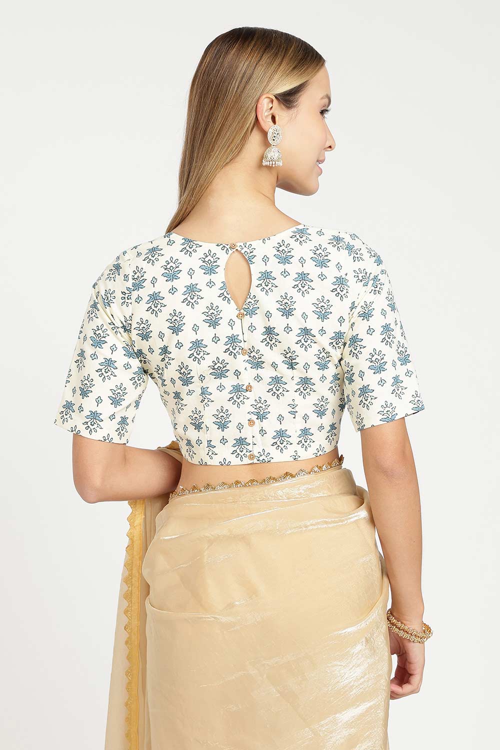 Naidu Hall Women’s Designer Cotton Blouse – Jaipur Printed Lapel Collar Front Open Blouse with Wooden Buttons | Regular Fit Woven Saree Blouse - BU23