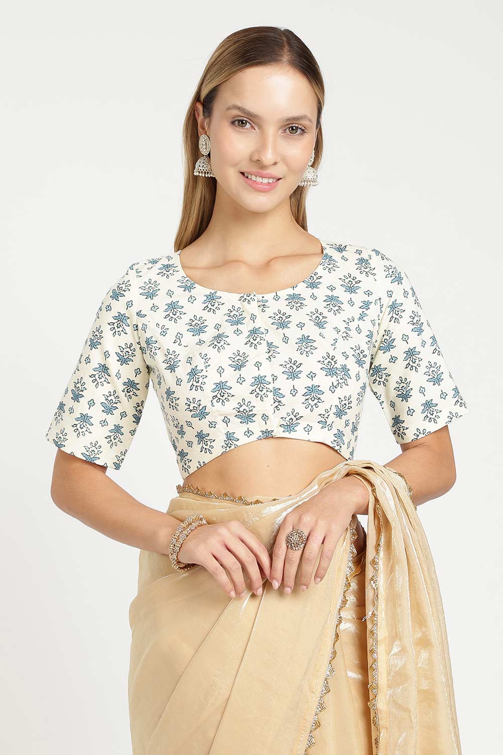 Naidu Hall Women’s Designer Cotton Blouse – Jaipur Printed Lapel Collar Front Open Blouse with Wooden Buttons | Regular Fit Woven Saree Blouse - BU23