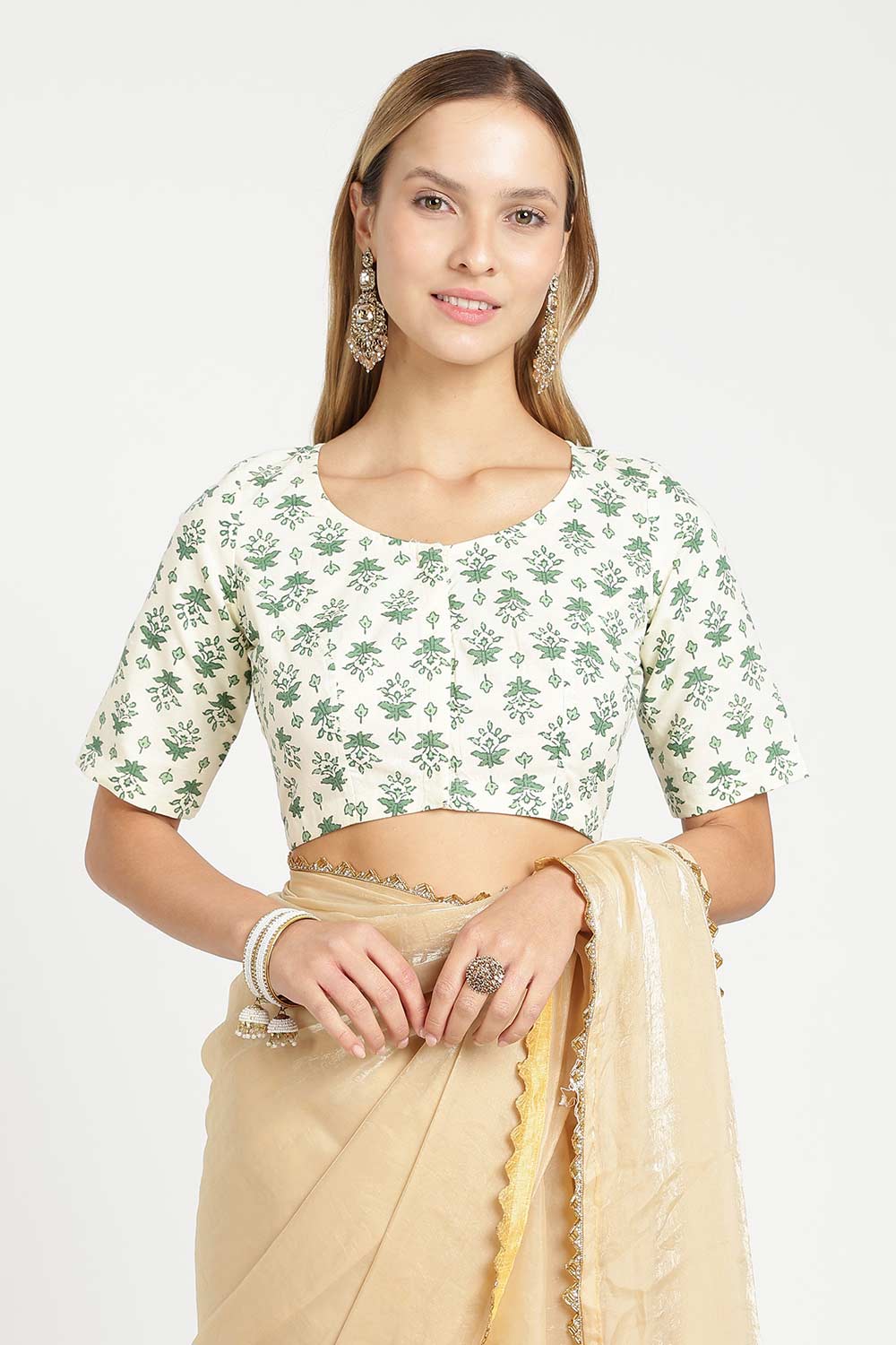 Naidu Hall Women’s Designer Cotton Blouse – Jaipur Printed Lapel Collar Front Open Blouse with Wooden Buttons | Regular Fit Woven Saree Blouse - BU23