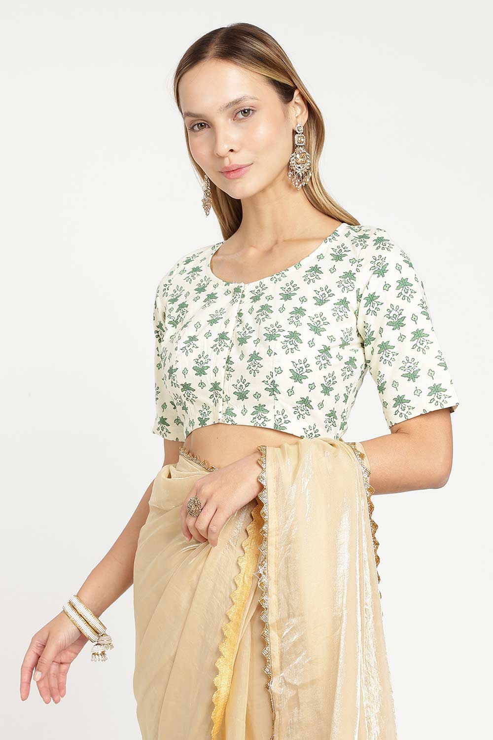 Naidu Hall Women’s Designer Cotton Blouse – Jaipur Printed Lapel Collar Front Open Blouse with Wooden Buttons | Regular Fit Woven Saree Blouse - BU23