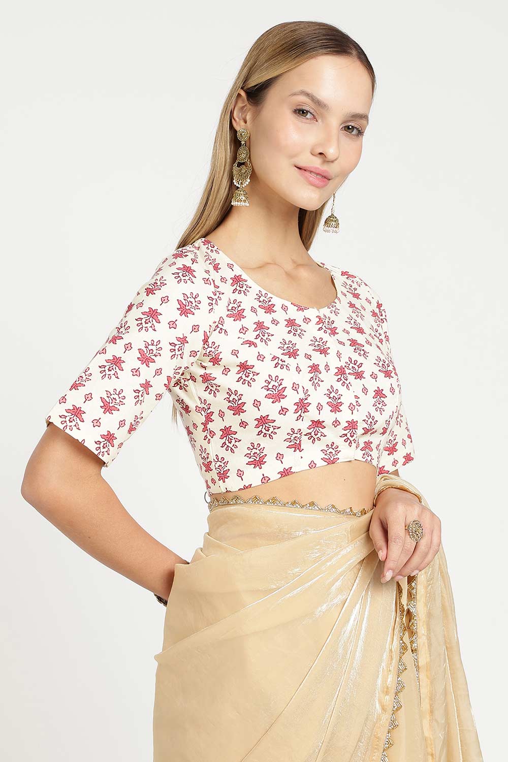 Naidu Hall Women’s Designer Cotton Blouse – Jaipur Printed Lapel Collar Front Open Blouse with Wooden Buttons | Regular Fit Woven Saree Blouse - BU23