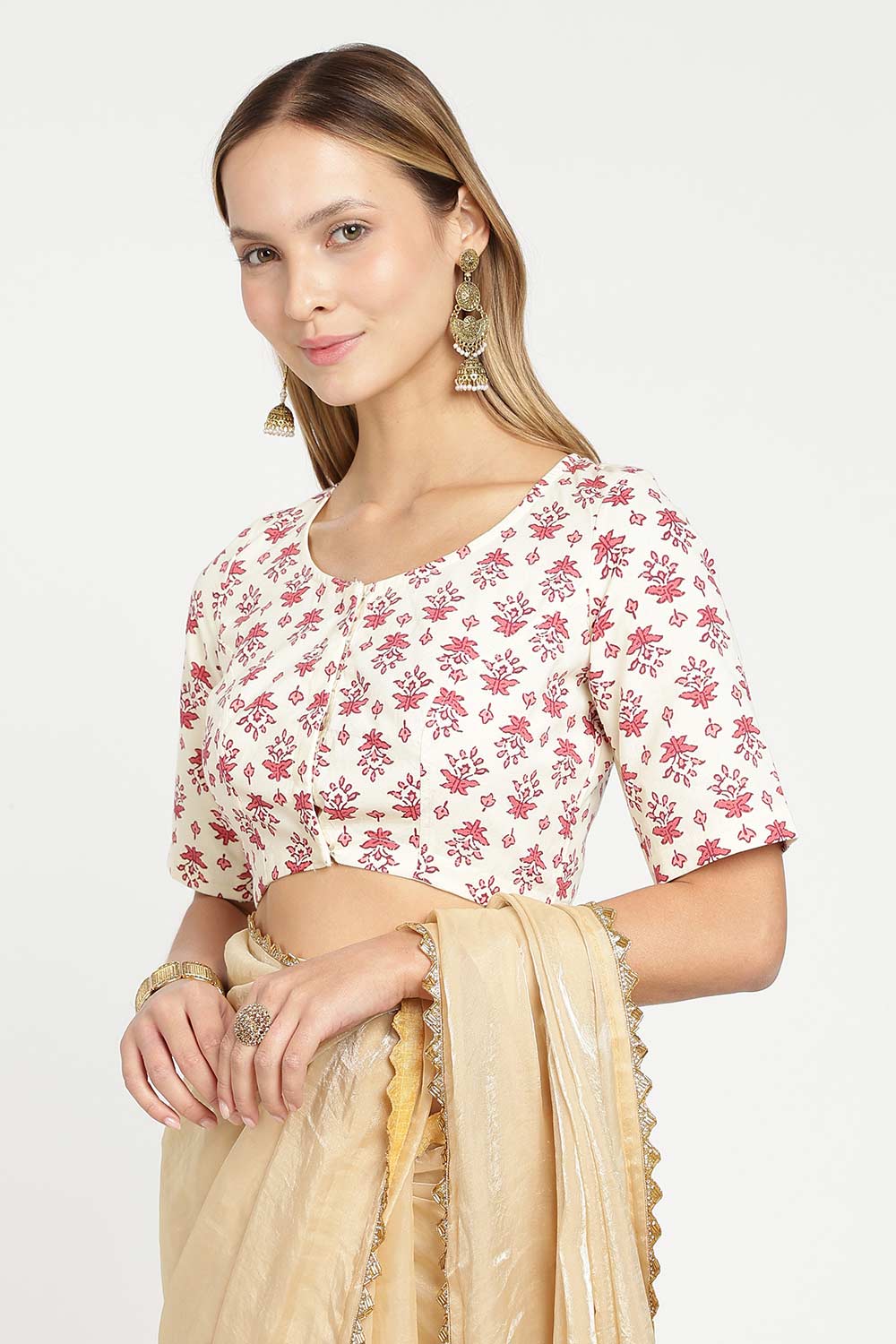 Naidu Hall Women’s Designer Cotton Blouse – Jaipur Printed Lapel Collar Front Open Blouse with Wooden Buttons | Regular Fit Woven Saree Blouse - BU23