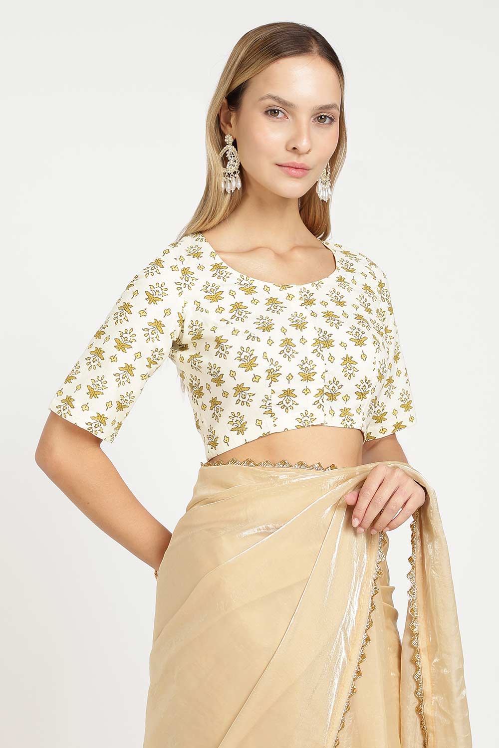 Naidu Hall Women’s Designer Cotton Blouse – Jaipur Printed Lapel Collar Front Open Blouse with Wooden Buttons | Regular Fit Woven Saree Blouse - BU23