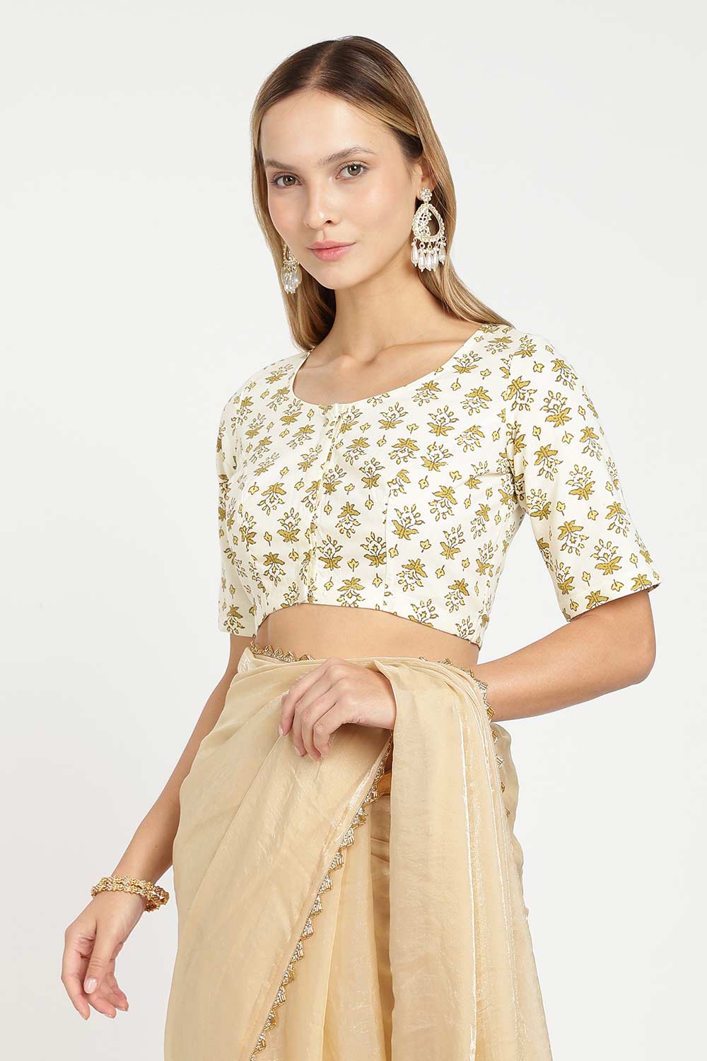 Naidu Hall Women’s Designer Cotton Blouse – Jaipur Printed Lapel Collar Front Open Blouse with Wooden Buttons | Regular Fit Woven Saree Blouse - BU23