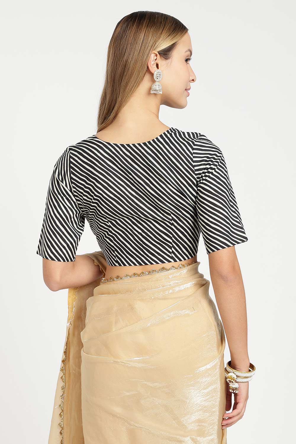 Naidu Hall Women’s Jaipur Cotton Designer Blouse – V Neck Block Printed Striped Saree Blouse with Wooden Button Front Open | Cotton Blouse for Women - BU26