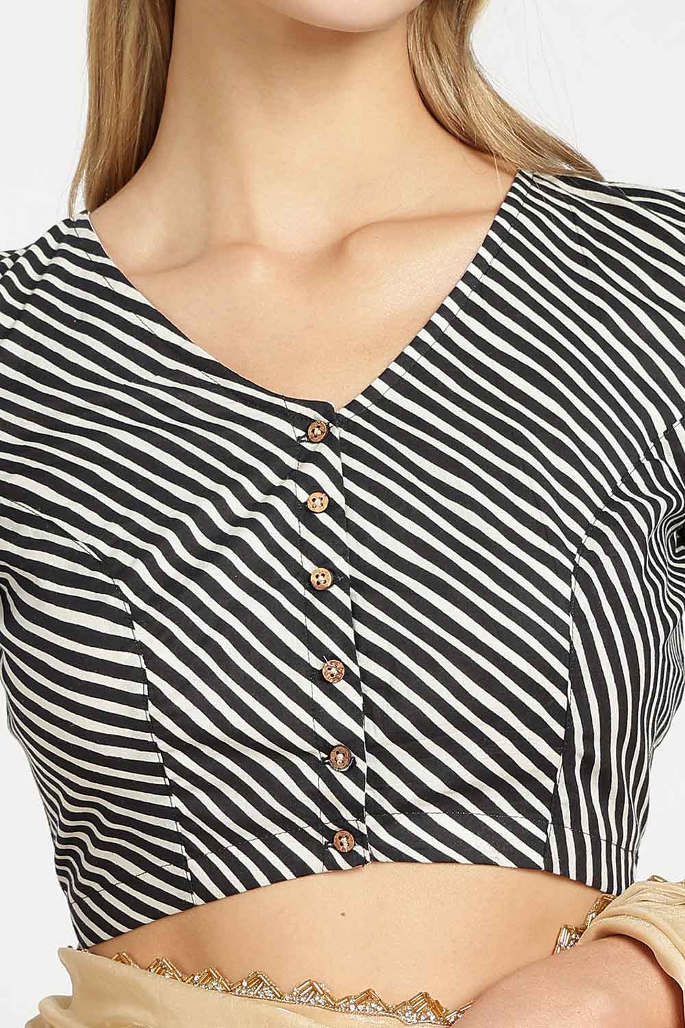 Naidu Hall Women’s Jaipur Cotton Designer Blouse – V Neck Block Printed Striped Saree Blouse with Wooden Button Front Open | Cotton Blouse for Women - BU26