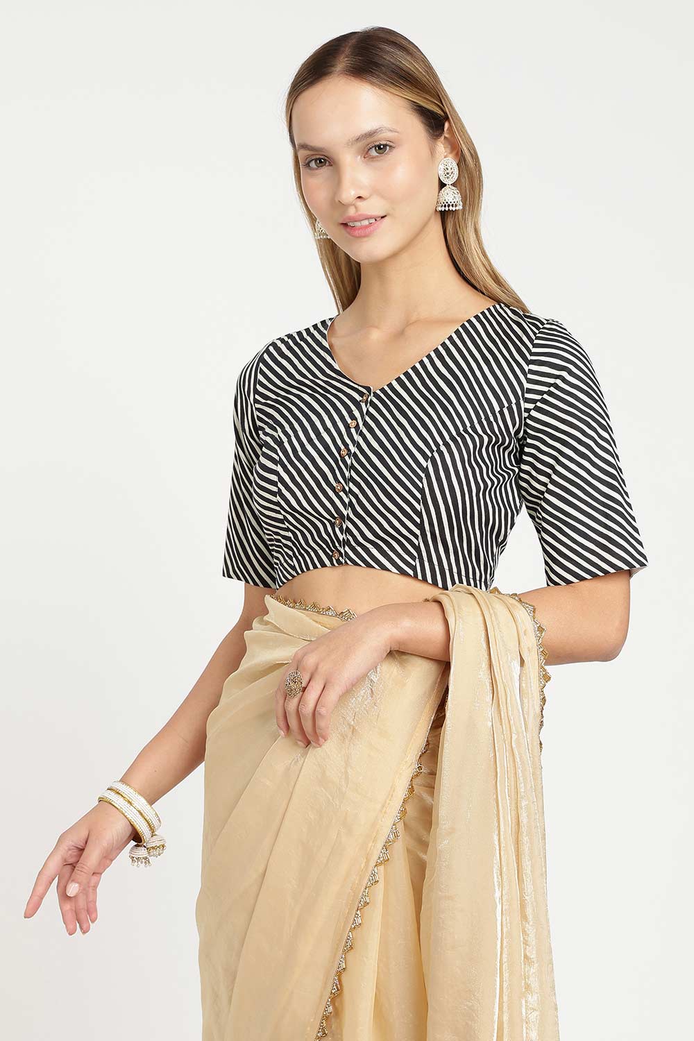 Naidu Hall Women’s Jaipur Cotton Designer Blouse – V Neck Block Printed Striped Saree Blouse with Wooden Button Front Open | Cotton Blouse for Women - BU26