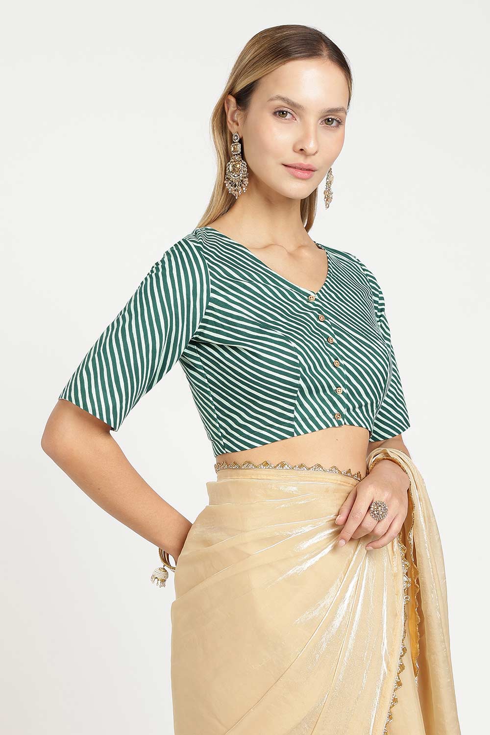 Naidu Hall Women’s Jaipur Cotton Designer Blouse – V Neck Block Printed Striped Saree Blouse with Wooden Button Front Open | Cotton Blouse for Women - BU26