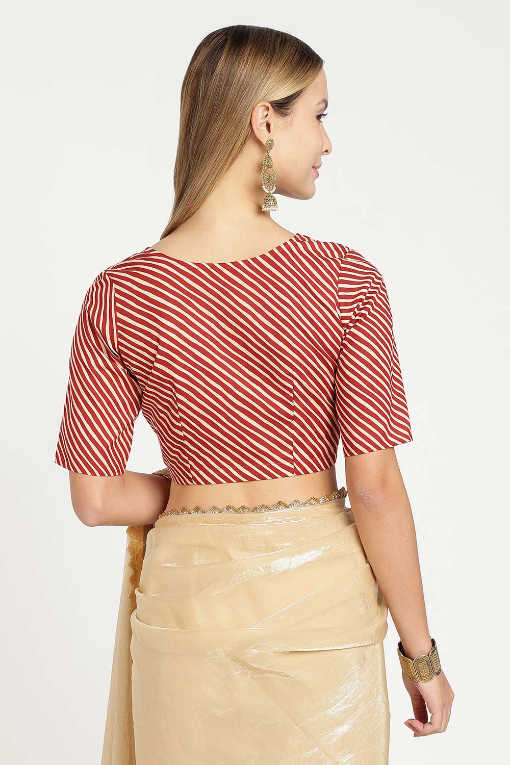 Naidu Hall Women’s Jaipur Cotton Designer Blouse – V Neck Block Printed Striped Saree Blouse with Wooden Button Front Open | Cotton Blouse for Women - BU26