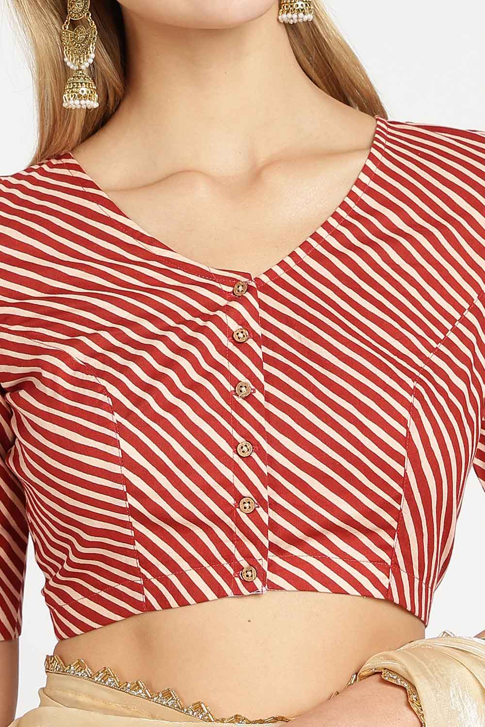 Naidu Hall Women’s Jaipur Cotton Designer Blouse – V Neck Block Printed Striped Saree Blouse with Wooden Button Front Open | Cotton Blouse for Women - BU26