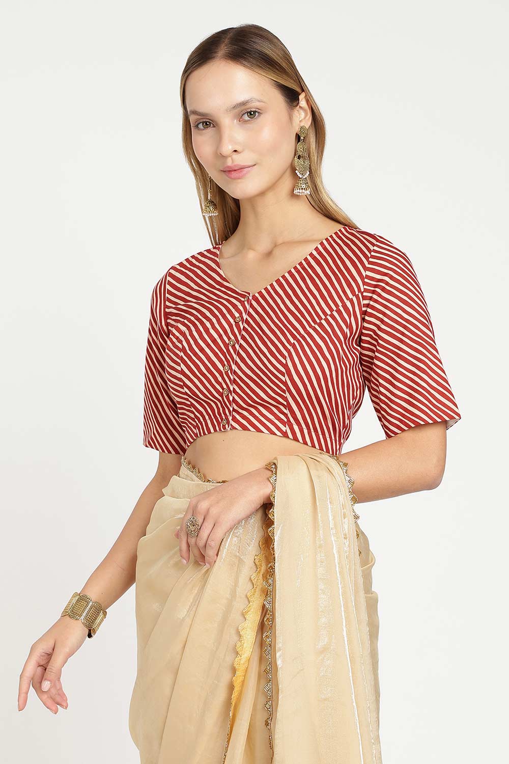 Naidu Hall Women’s Jaipur Cotton Designer Blouse – V Neck Block Printed Striped Saree Blouse with Wooden Button Front Open | Cotton Blouse for Women - BU26