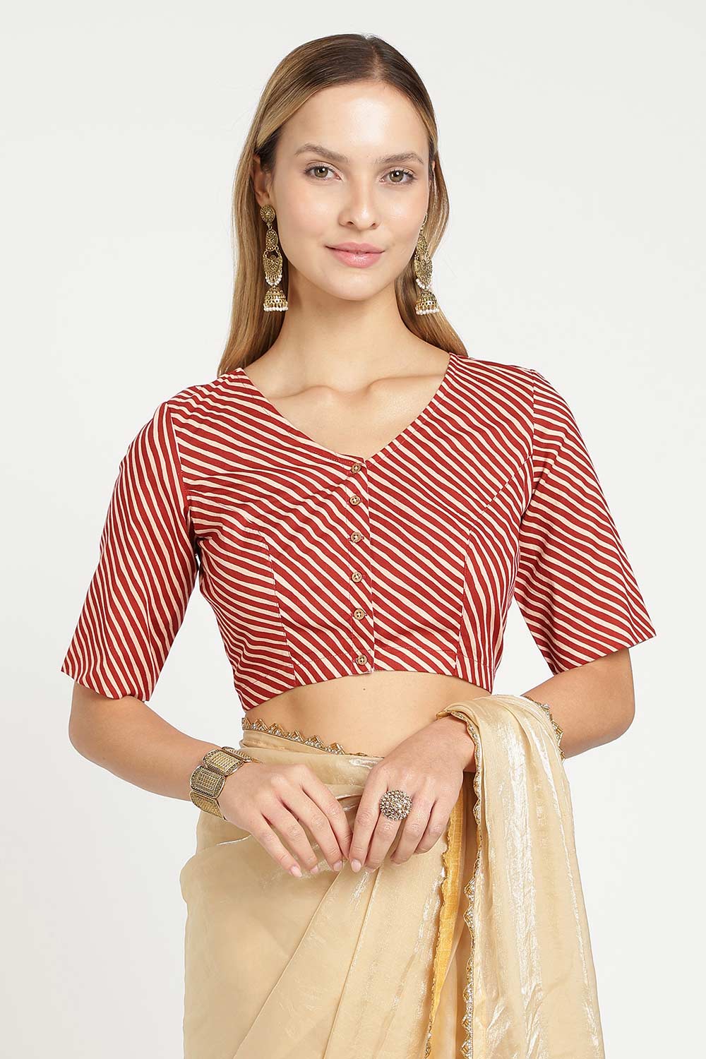 Naidu Hall Women’s Jaipur Cotton Designer Blouse – V Neck Block Printed Striped Saree Blouse with Wooden Button Front Open | Cotton Blouse for Women - BU26