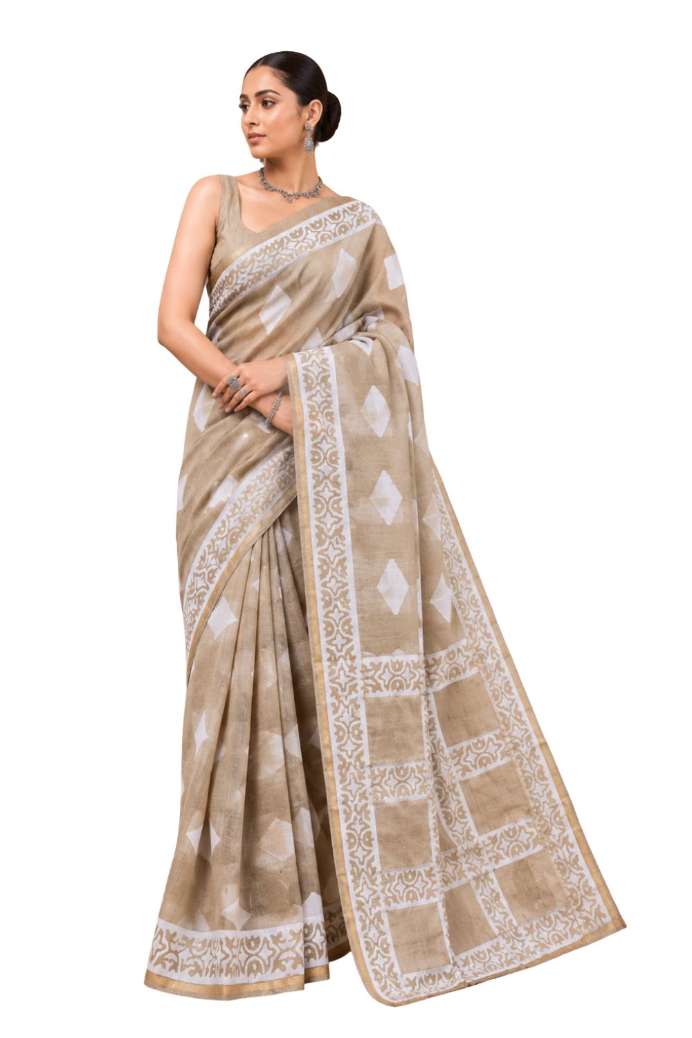 Naidu Hall Women's Light Brown Chanderi Print Cotton Blend Saree with Blouse | Lightweight Ethnic Wear Saree - WS09