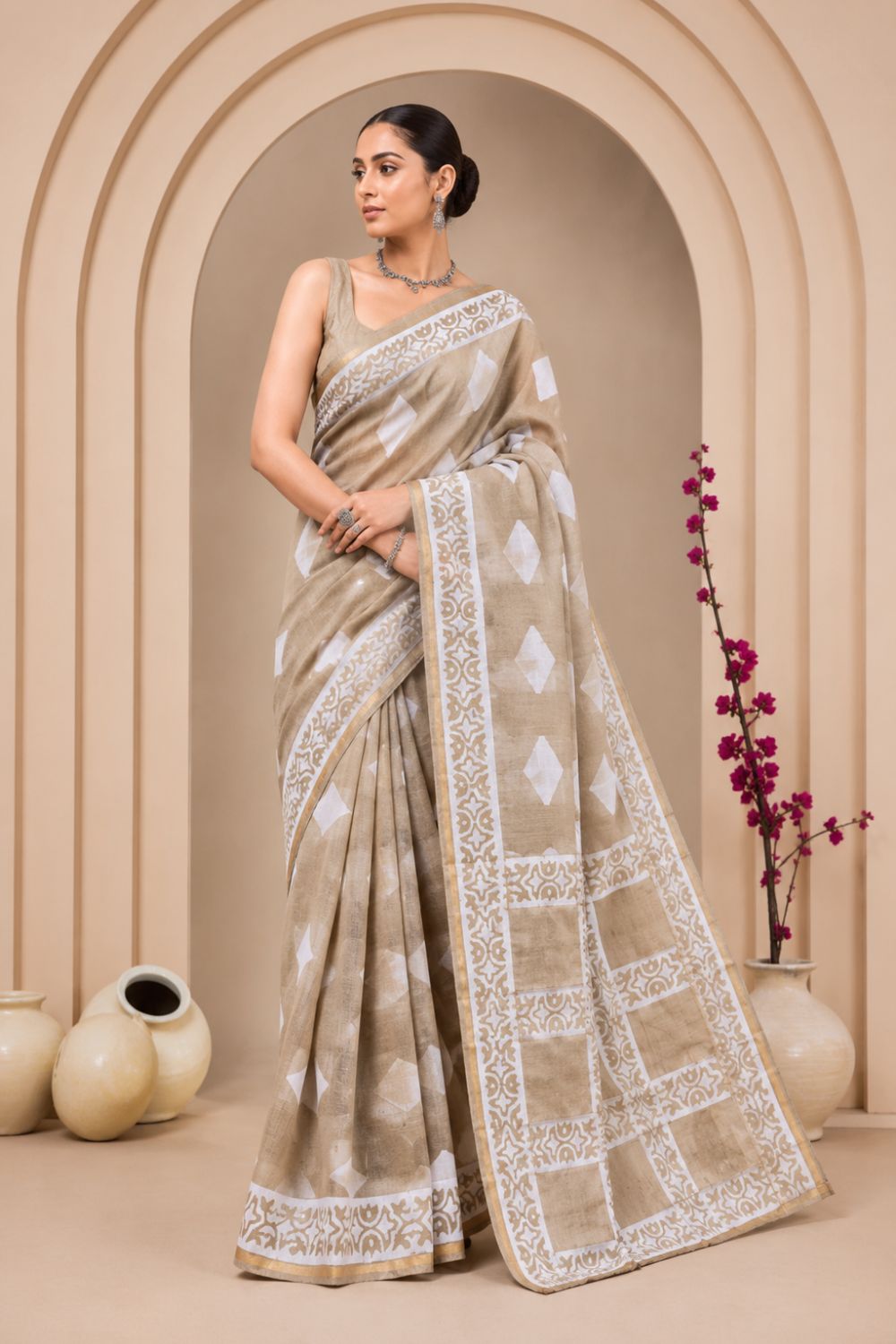 Naidu Hall Women's Light Brown Chanderi Print Cotton Blend Saree with Blouse | Lightweight Ethnic Wear Saree - WS09