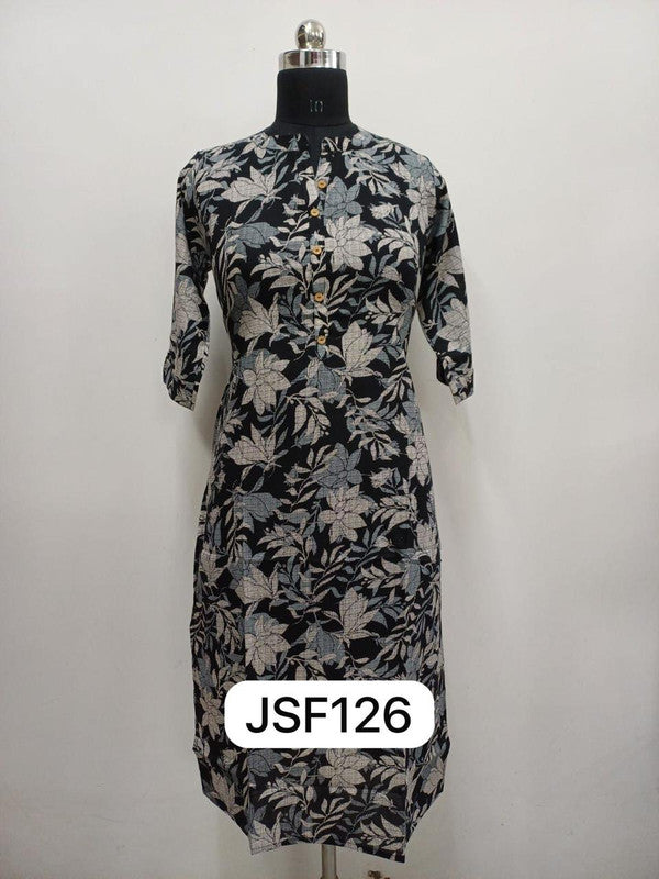 Women’s Cotton Blend Printed Kurthi | Regular Fit Ethnic Wear with 3/4 Sleeves & Mandarin Collar - Black - F126