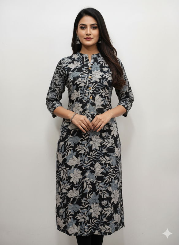 Women’s Cotton Blend Printed Kurthi | Regular Fit Ethnic Wear with 3/4 Sleeves & Mandarin Collar - Black - F126