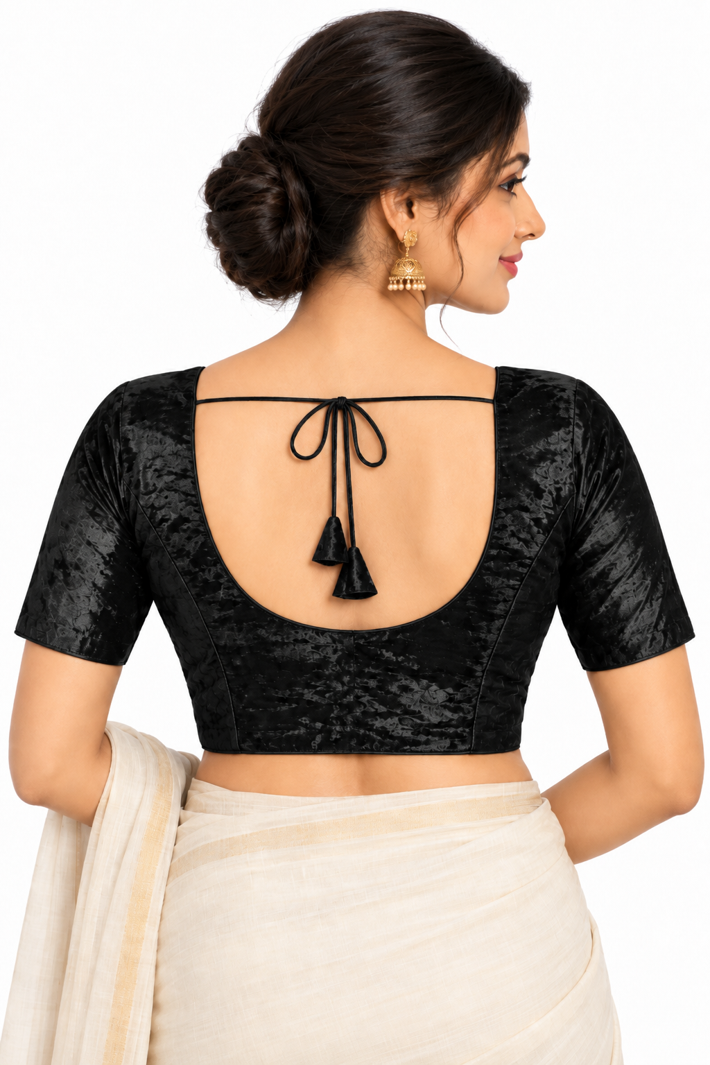 Women’s Padded Space Silk Princess Cut Readymade Saree Blouse | Front Open Round Neck Elbow Sleeve Blouse with Back Knot - 1121