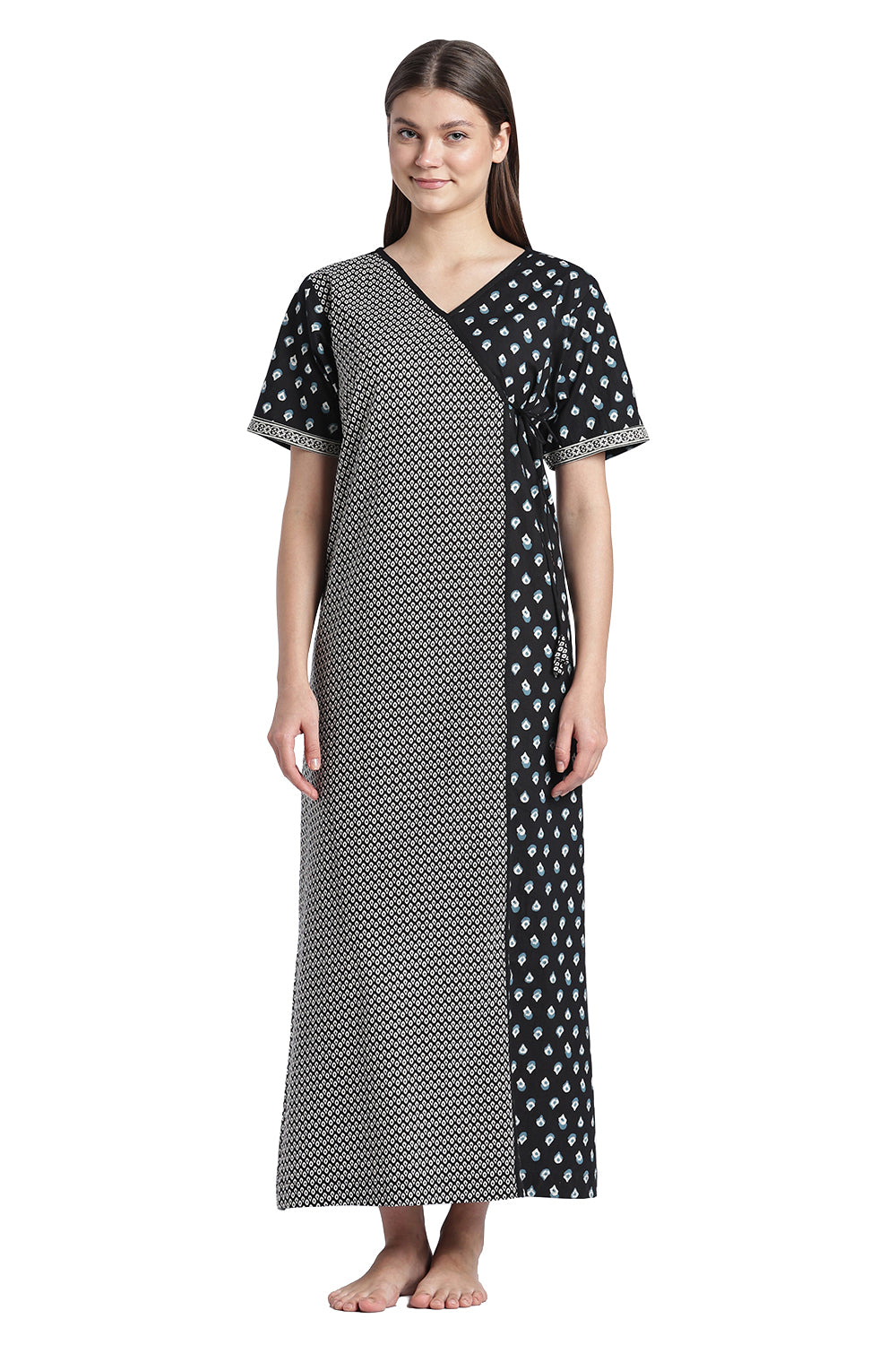 Naidu Hall Women’s Printed Cotton Angarakha Nighty | V-Neck Wrap Style Night Dress with Tie-Up | Short Sleeve Daily Wear, Sleepwear & Loungewear
 - NB51