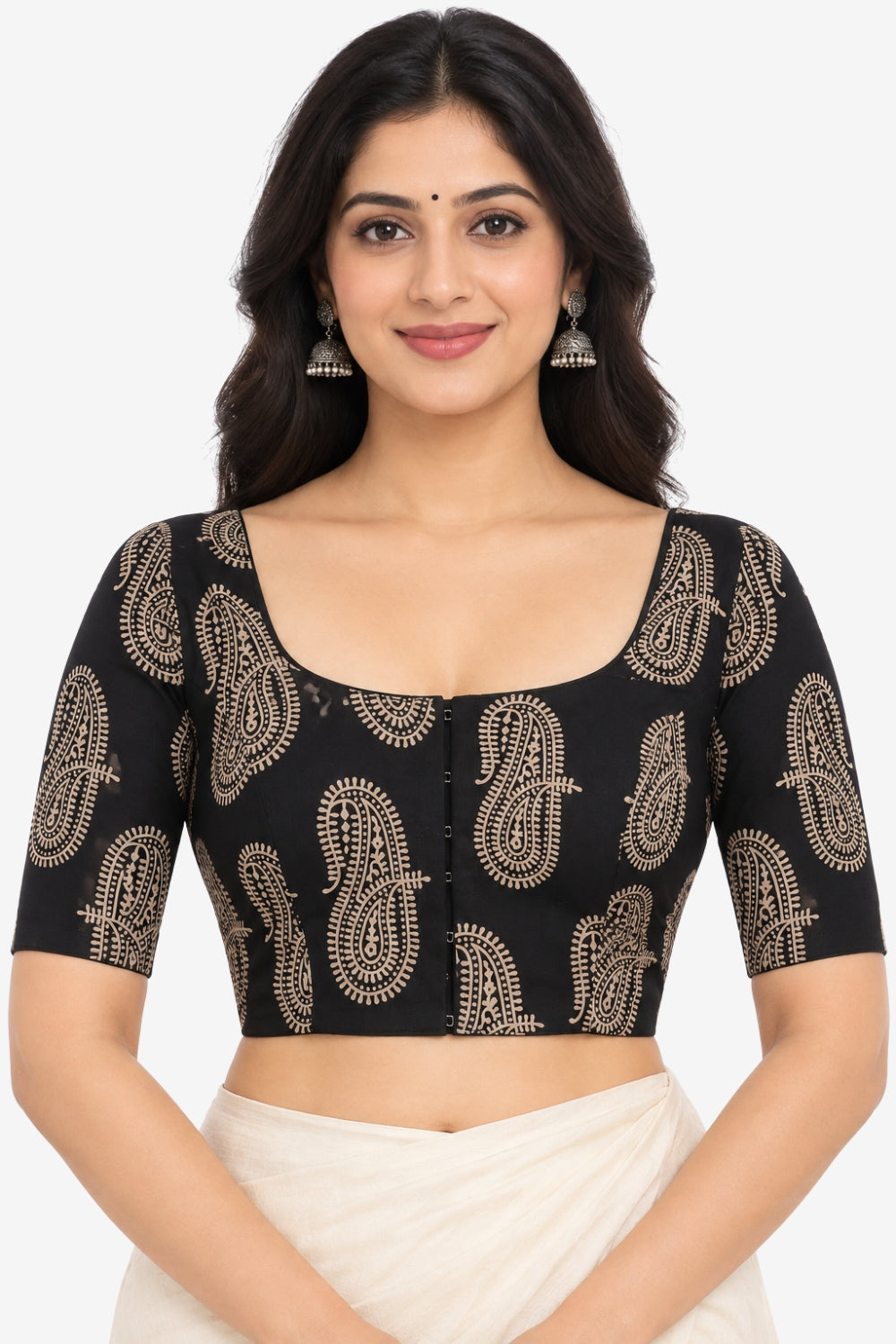 Women's Prints Cotton Blend Saree Blouse with Round Neck Neckline and Elbow Sleeve - Regular | Ready-to-Wear Saree Blouse for Daily Wear, Festive Wear, Office Wear, Special Occasions - 1009