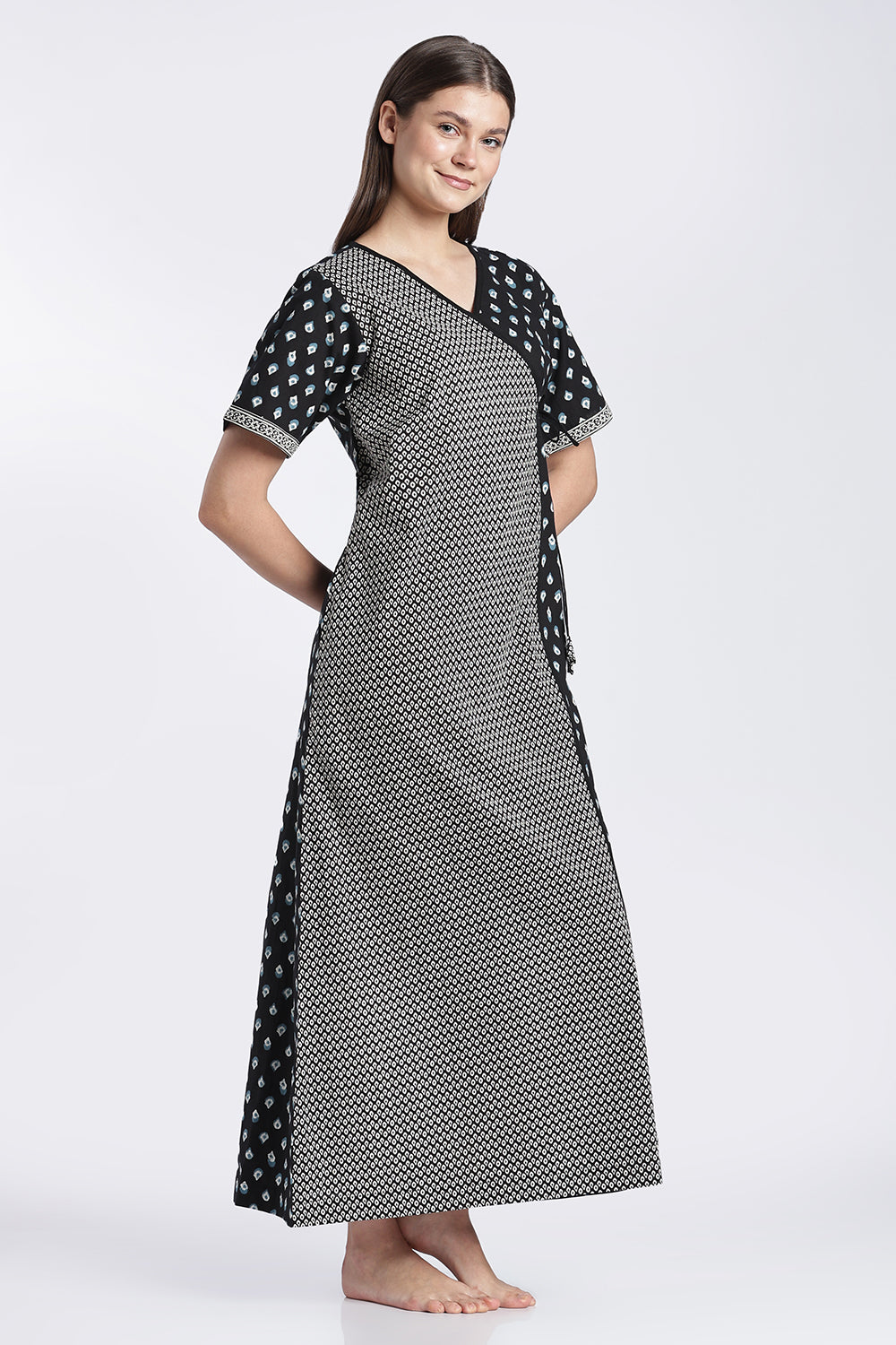 Naidu Hall Women’s Printed Cotton Angarakha Nighty | V-Neck Wrap Style Night Dress with Tie-Up | Short Sleeve Daily Wear, Sleepwear & Loungewear
 - NB51