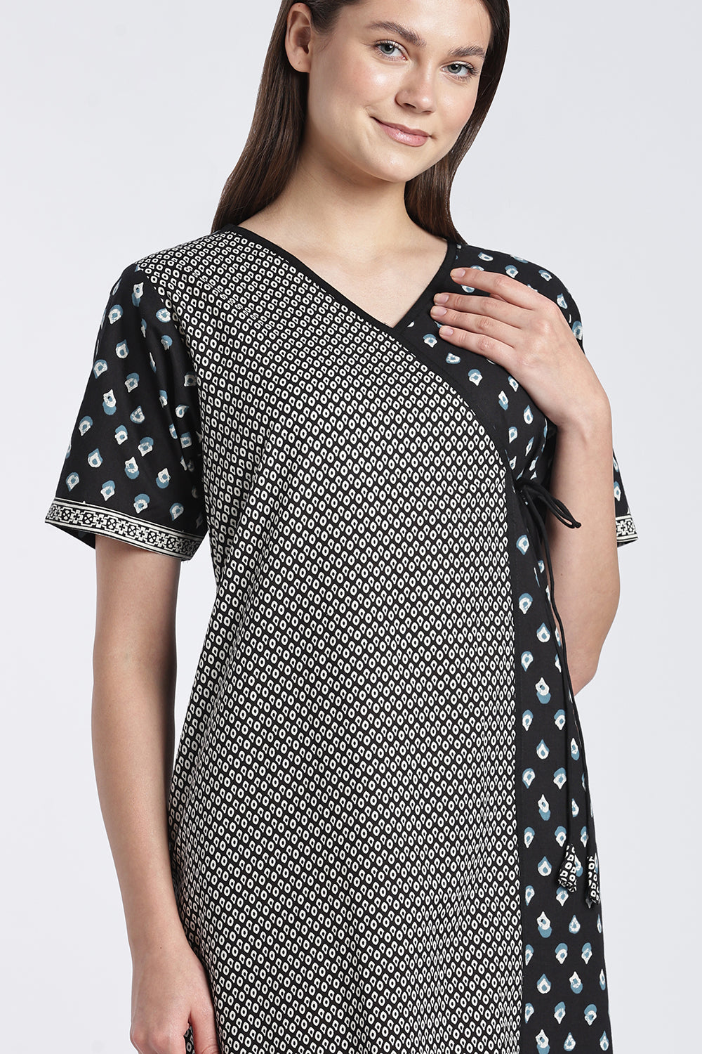 Naidu Hall Women’s Printed Cotton Angarakha Nighty | V-Neck Wrap Style Night Dress with Tie-Up | Short Sleeve Daily Wear, Sleepwear & Loungewear
 - NB51