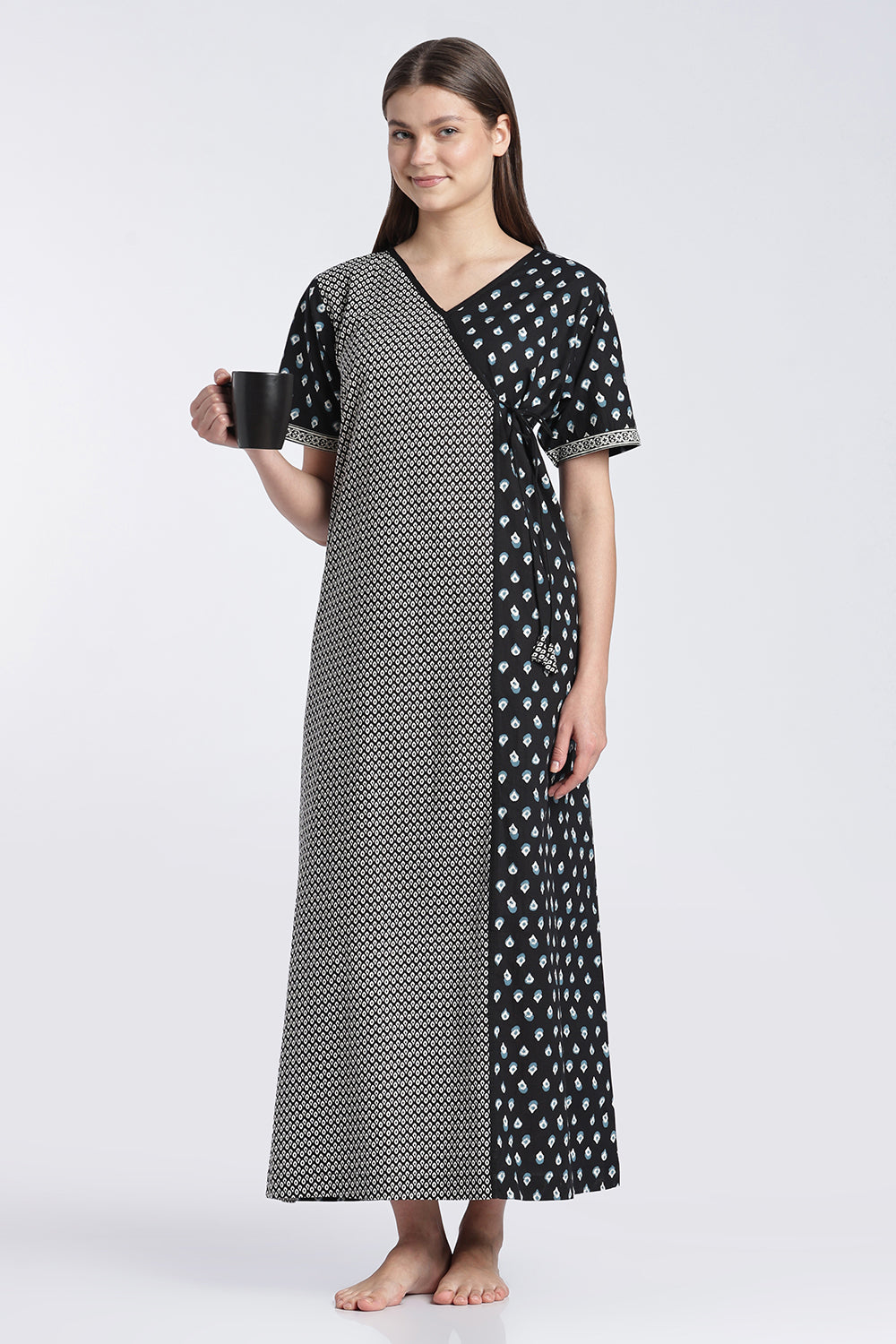 Naidu Hall Women’s Printed Cotton Angarakha Nighty | V-Neck Wrap Style Night Dress with Tie-Up | Short Sleeve Daily Wear, Sleepwear & Loungewear
 - NB51