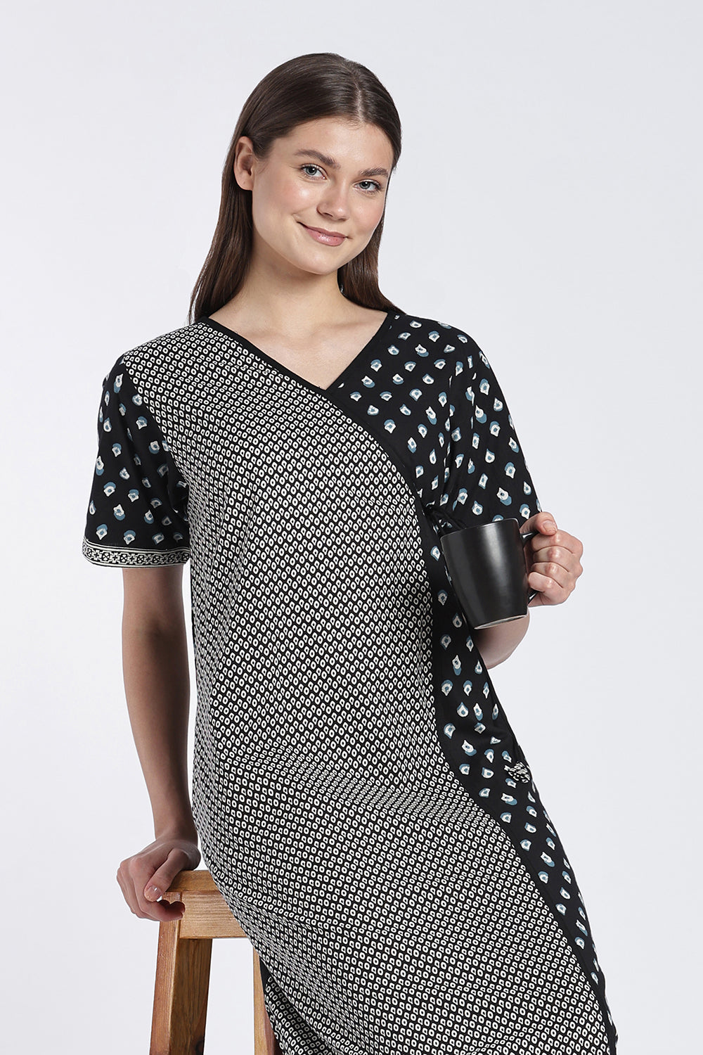 Naidu Hall Women’s Printed Cotton Angarakha Nighty | V-Neck Wrap Style Night Dress with Tie-Up | Short Sleeve Daily Wear, Sleepwear & Loungewear
 - NB51
