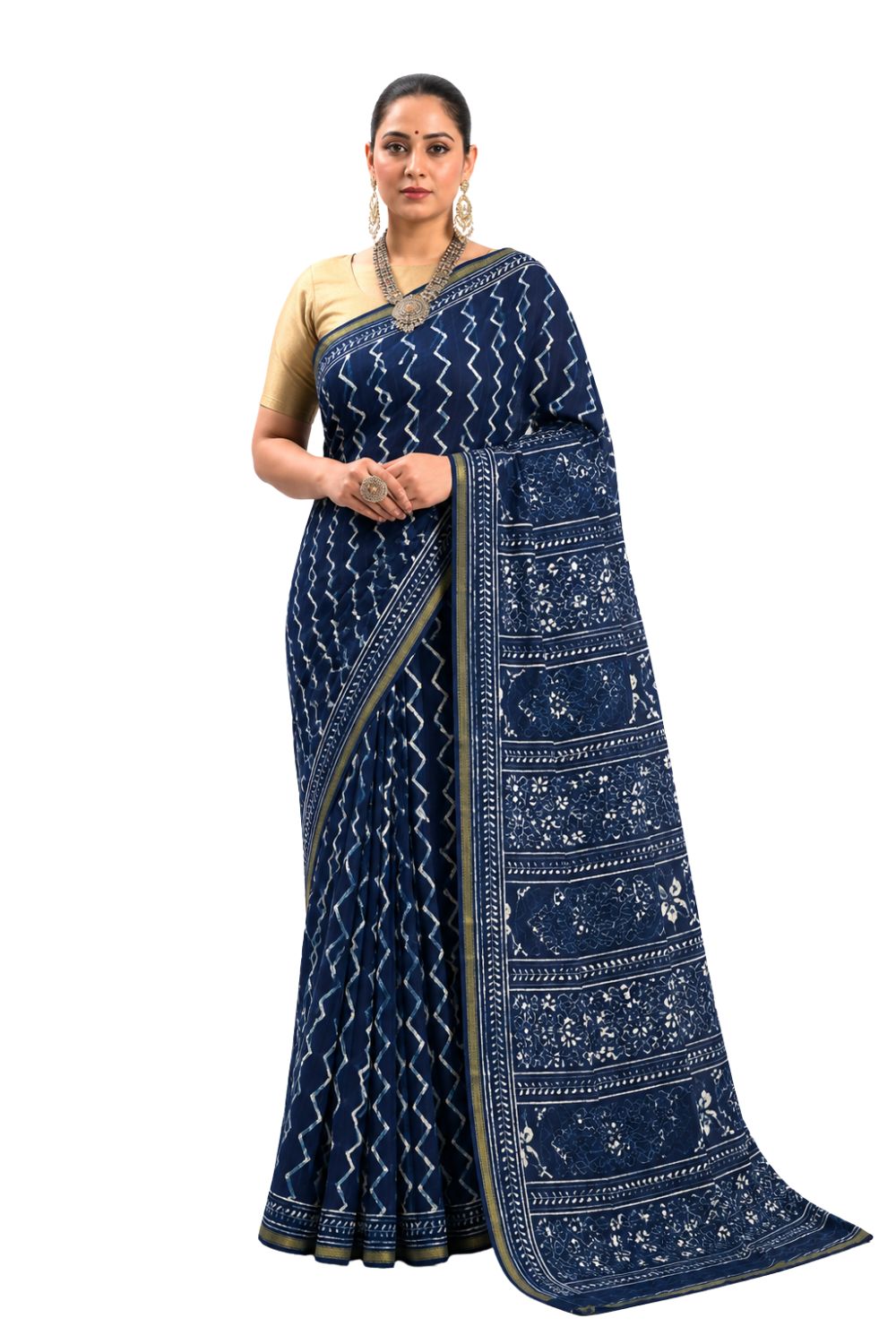 Naidu Hall Women's Blue 1 Jaipur Print Cotton Blend Saree with Blouse | Lightweight Ethnic Wear Saree - WS07
