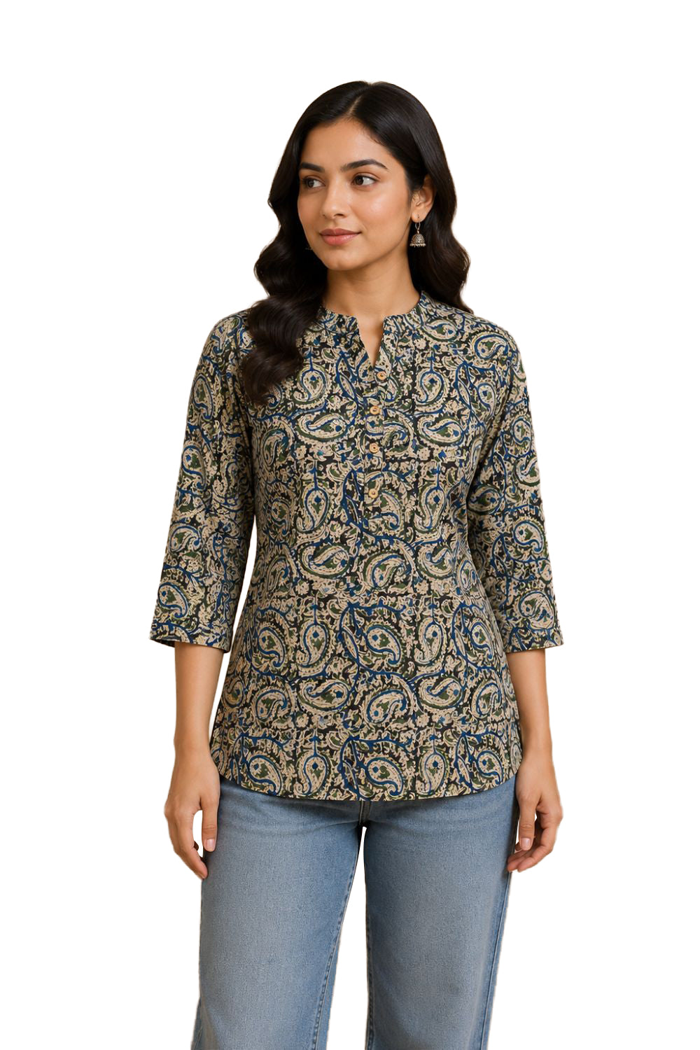Women's Cotton Blend Printed Mandarin Collar Top | 3/4 Sleeve Casual Top for Women | Regular Fit Everyday Office & Casual Wear - JS25