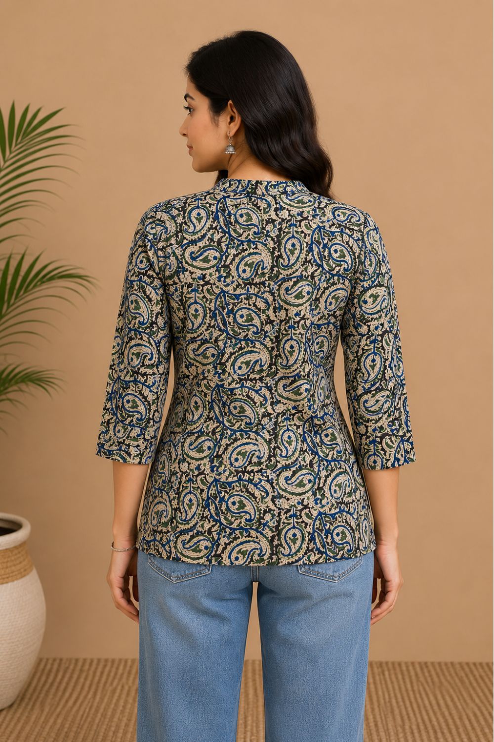 Women's Cotton Blend Printed Mandarin Collar Top | 3/4 Sleeve Casual Top for Women | Regular Fit Everyday Office & Casual Wear - JS25