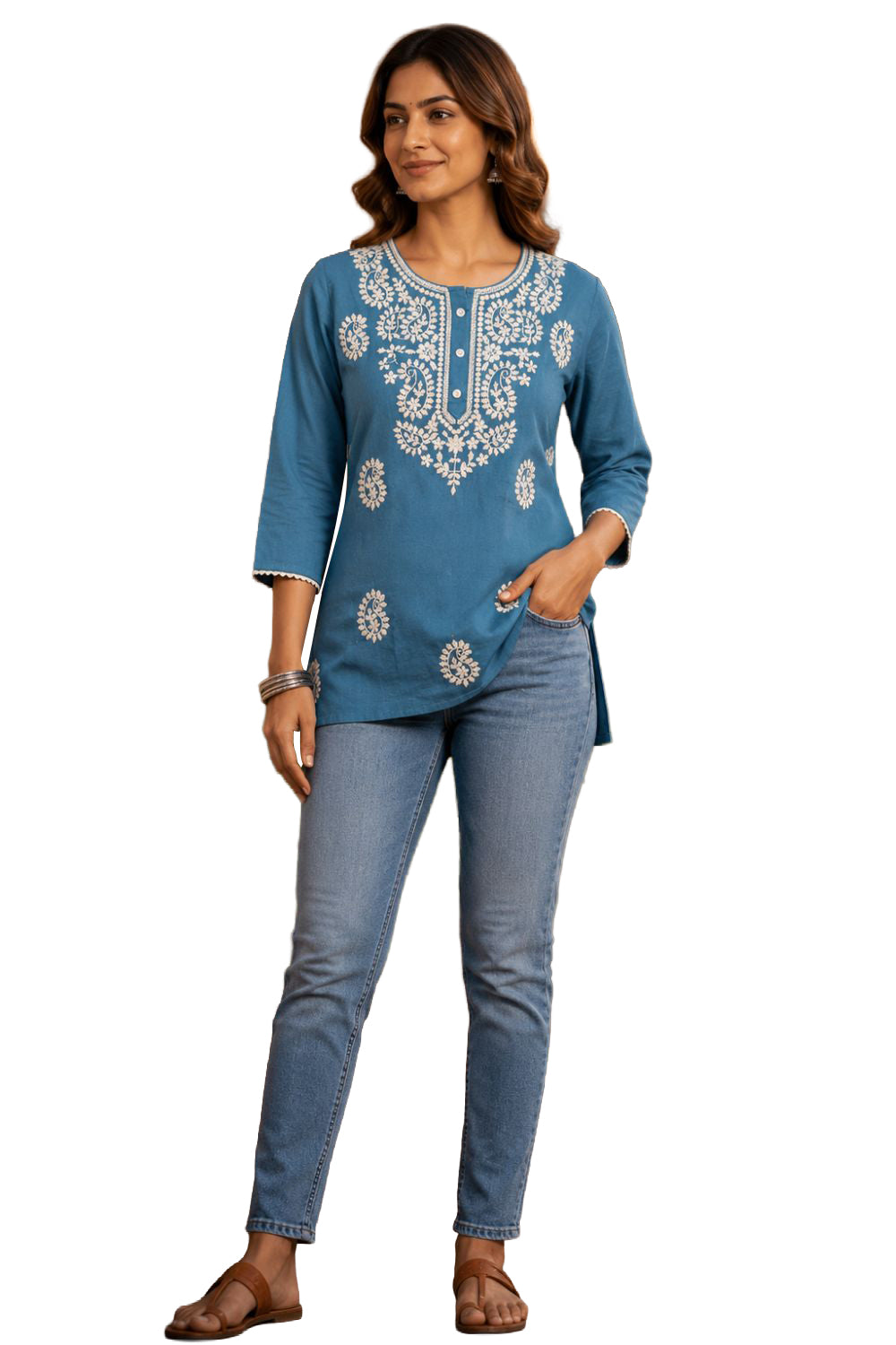 Women's Cotton Blend Embroidered Top | Round Neck 3/4 Sleeve Casual Top for Women | Regular Fit Everyday Office & Ethnic Wear - JS26
