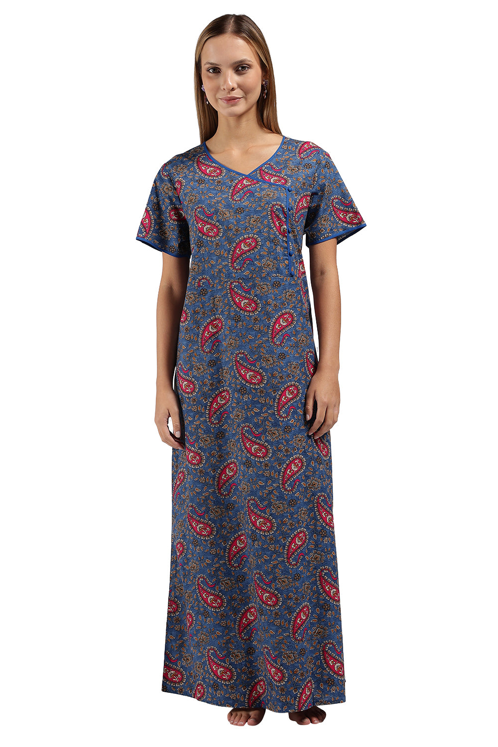 Naidu Hall Printed Cotton Nighty for Women – A-Line Relaxed Fit Sleepwear with V-Neck & Asymmetric Panel | Comfortable Daily Wear Nighty
 - N121