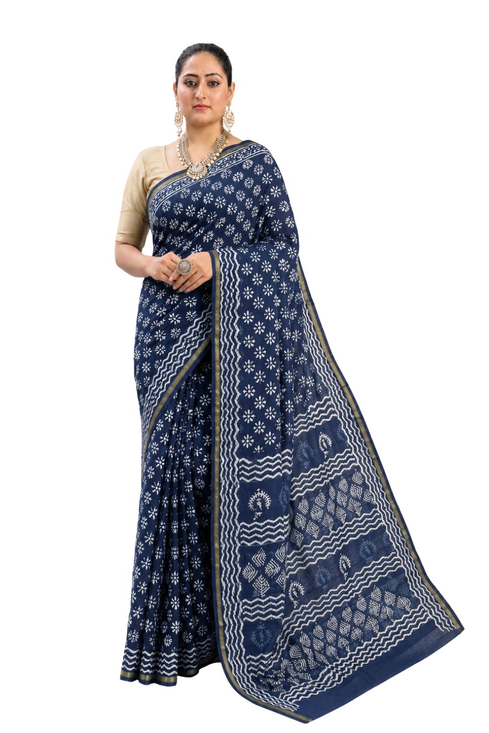 Naidu Hall Women's Blue 2 Jaipur Print Cotton Blend Saree with Blouse | Lightweight Ethnic Wear Saree - WS07