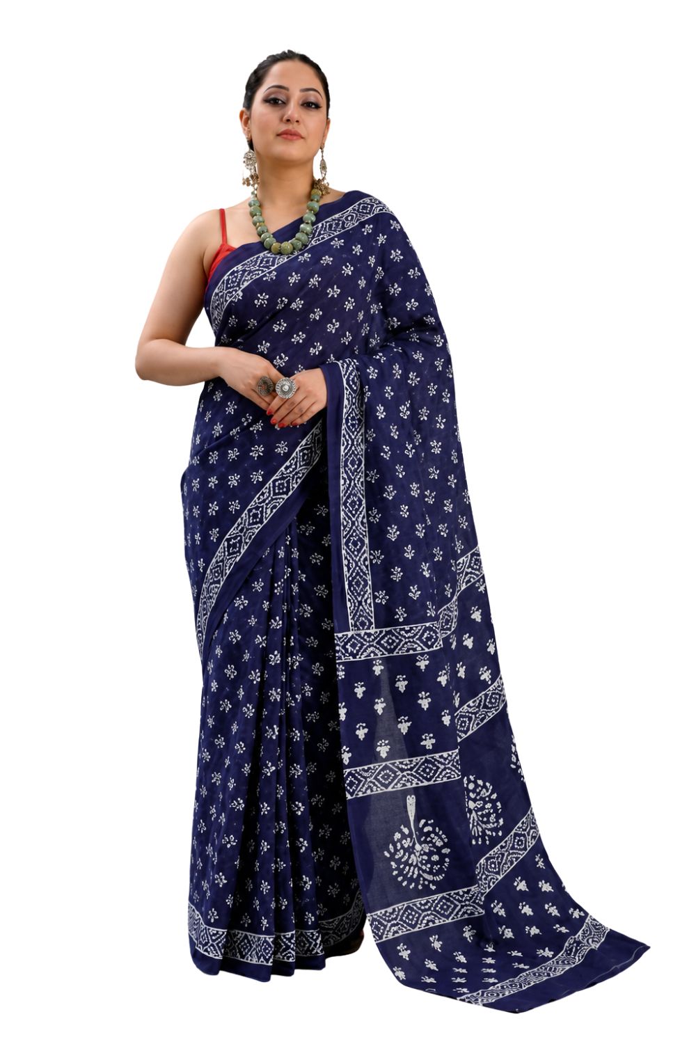 Naidu Hall Women's Blue Jaipur Print Cotton Blend Saree with Blouse | Lightweight Ethnic Wear Saree - WS06