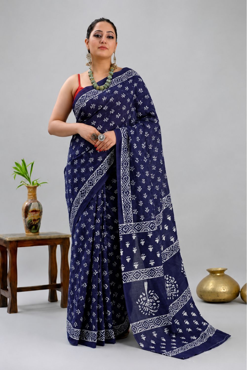 Naidu Hall Women's Blue Jaipur Print Cotton Blend Saree with Blouse | Lightweight Ethnic Wear Saree - WS06